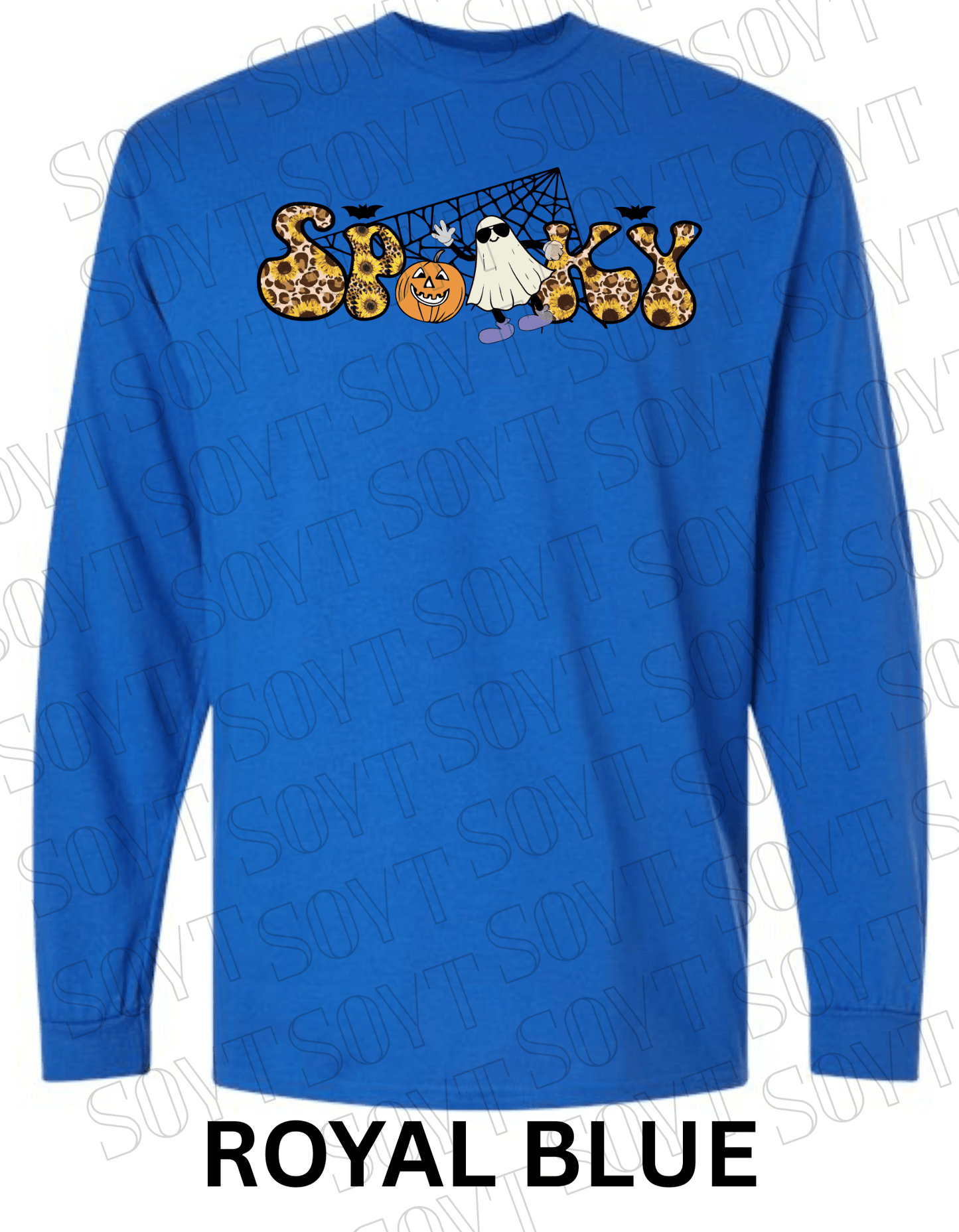 Spooky Halloween Long Sleeve – Leopard Print, Sunflowers, Ghost & Pumpkin Shirt - Festive Apparel StoreRoyal Blue