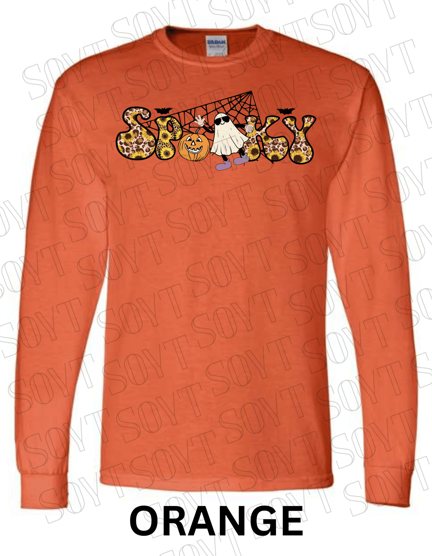 Spooky Halloween Long Sleeve – Leopard Print, Sunflowers, Ghost & Pumpkin Shirt - Festive Apparel StoreOrange