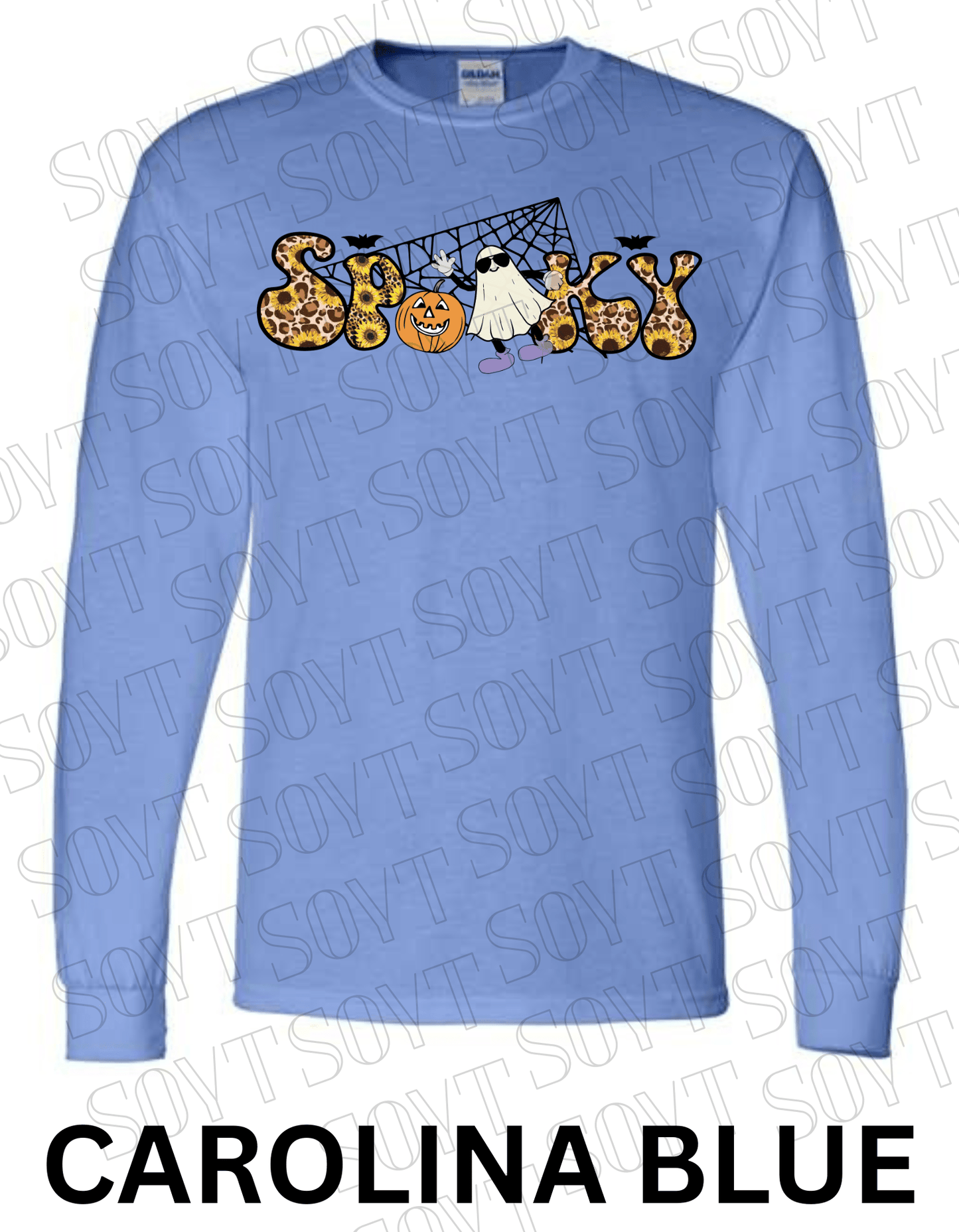 Spooky Halloween Long Sleeve – Leopard Print, Sunflowers, Ghost & Pumpkin Shirt - Festive Apparel StoreCarolina Blue