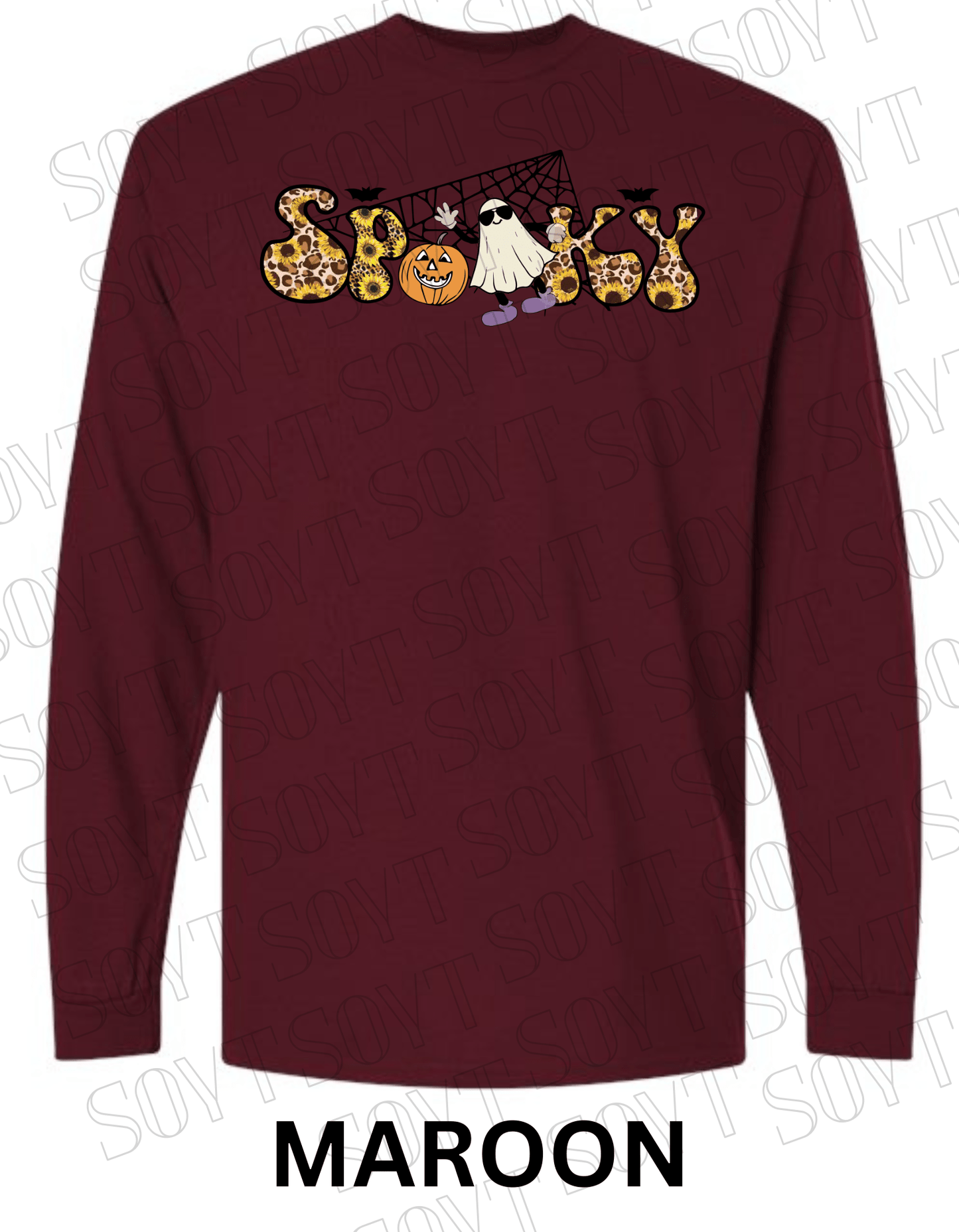 Spooky Halloween Long Sleeve – Leopard Print, Sunflowers, Ghost & Pumpkin Shirt - Festive Apparel StoreMaroon