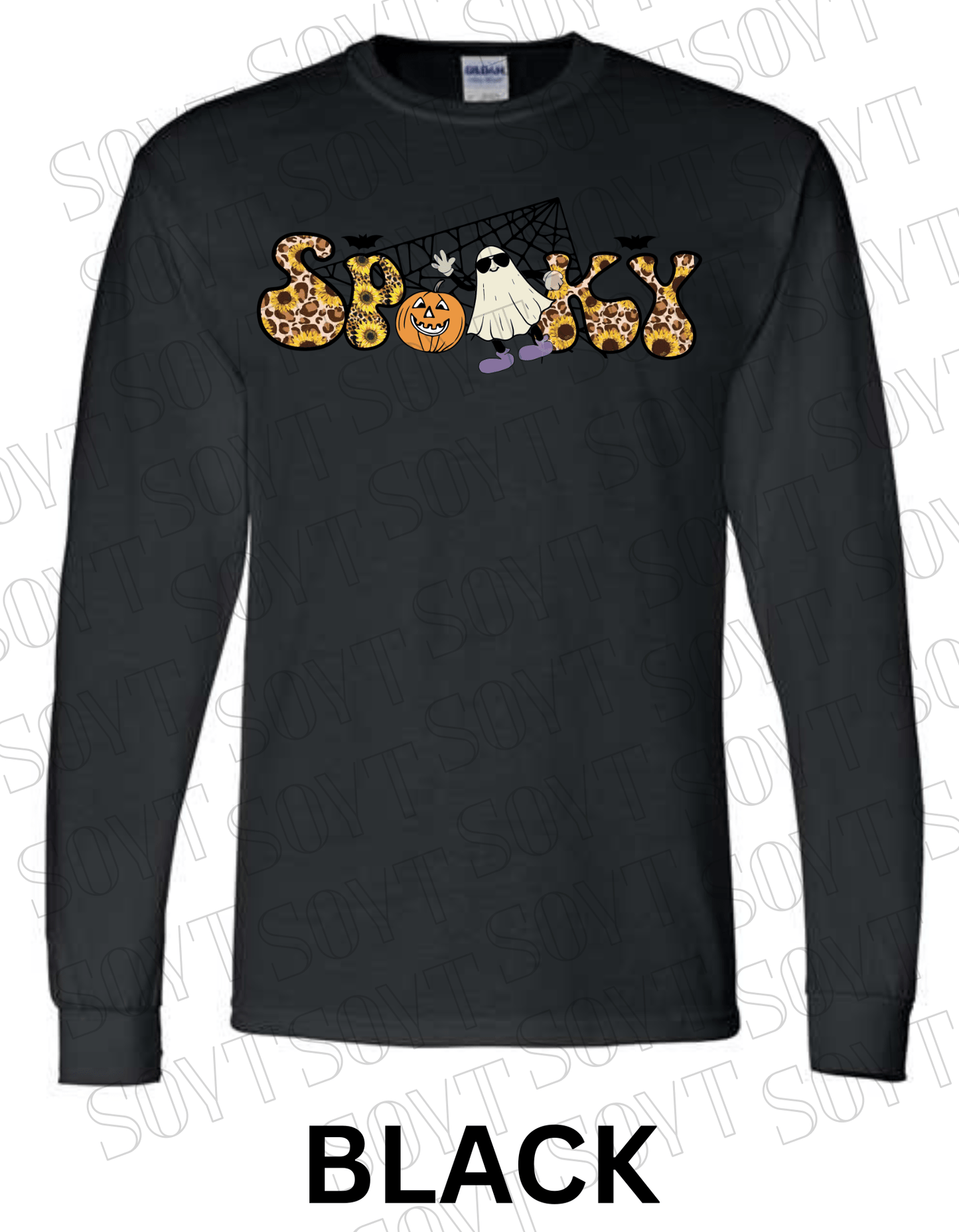 Spooky Halloween Long Sleeve – Leopard Print, Sunflowers, Ghost & Pumpkin Shirt - Festive Apparel StoreBlack