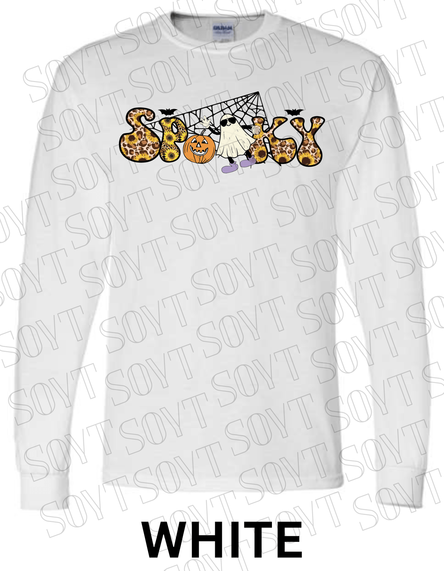 Spooky Halloween Long Sleeve – Leopard Print, Sunflowers, Ghost & Pumpkin Shirt - Festive Apparel StoreWhite