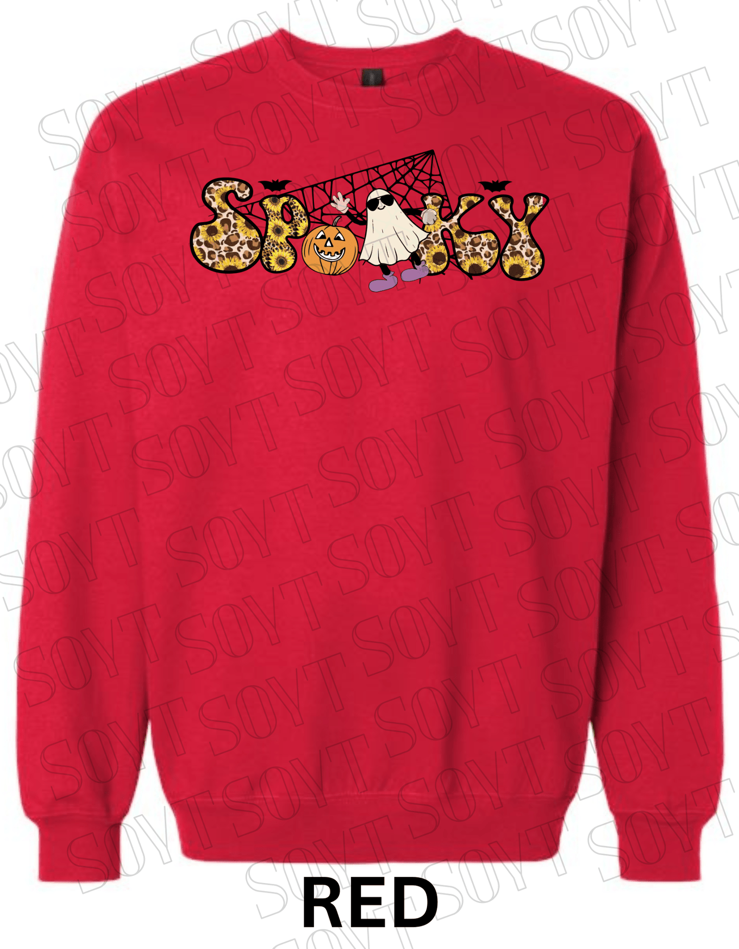Spooky Halloween Sweatshirt – Leopard, Sunflower & Ghost Print Fall Fleece Pullover - Festive Apparel StoreRed