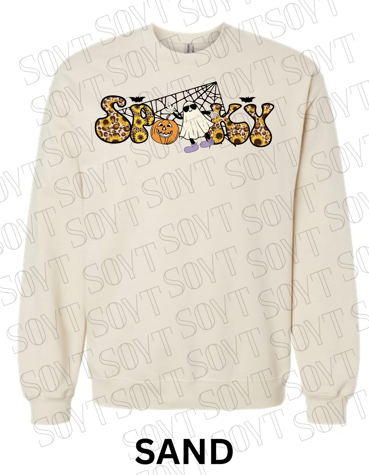 Spooky Halloween Sweatshirt – Leopard, Sunflower & Ghost Print Fall Fleece Pullover - Festive Apparel StoreSand