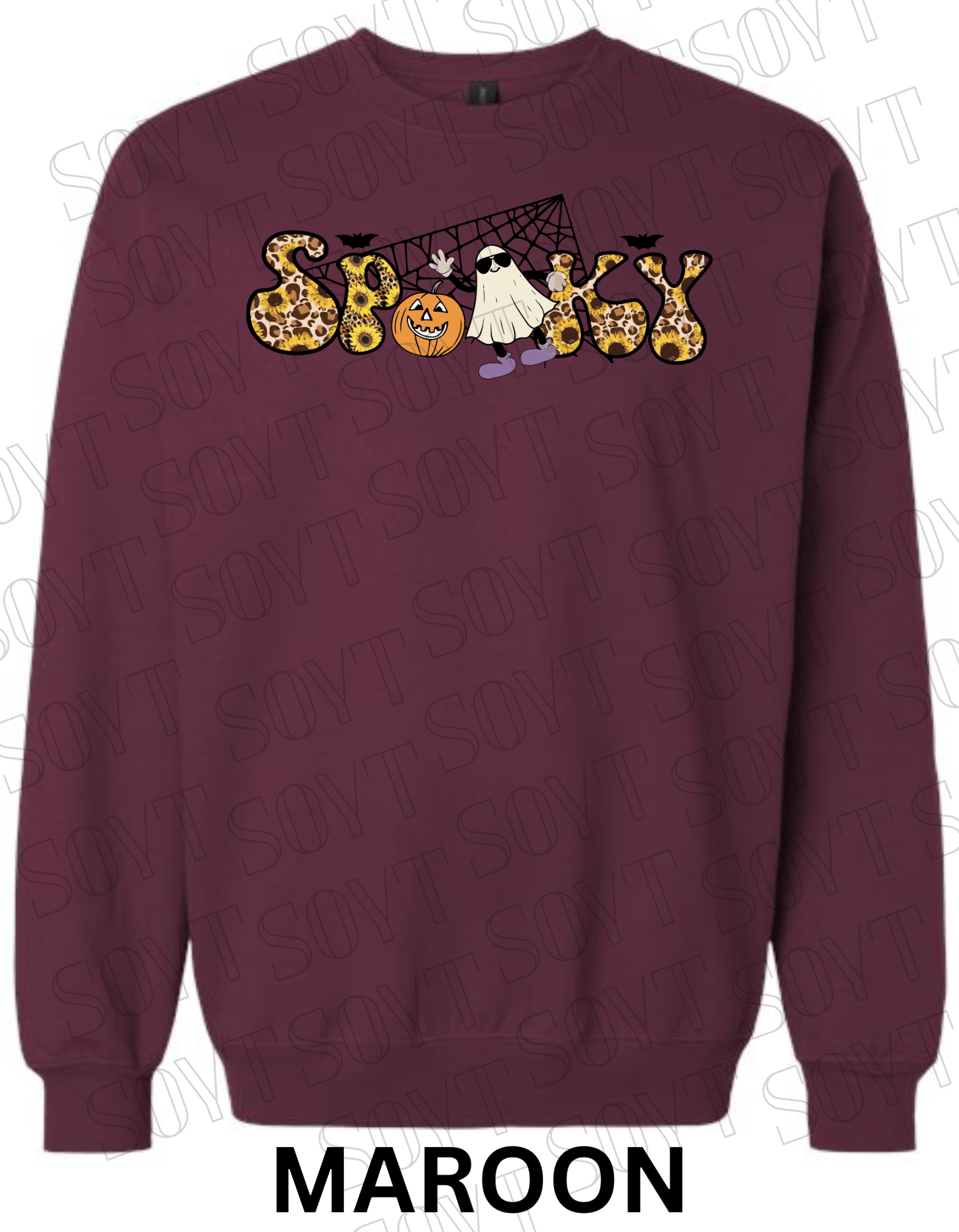 Spooky Halloween Sweatshirt – Leopard, Sunflower & Ghost Print Fall Fleece Pullover - Festive Apparel StoreMaroon