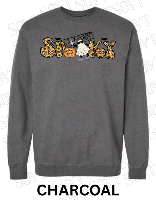 Spooky Halloween Sweatshirt – Leopard, Sunflower & Ghost Print Fall Fleece Pullover - Festive Apparel StoreCharcoal