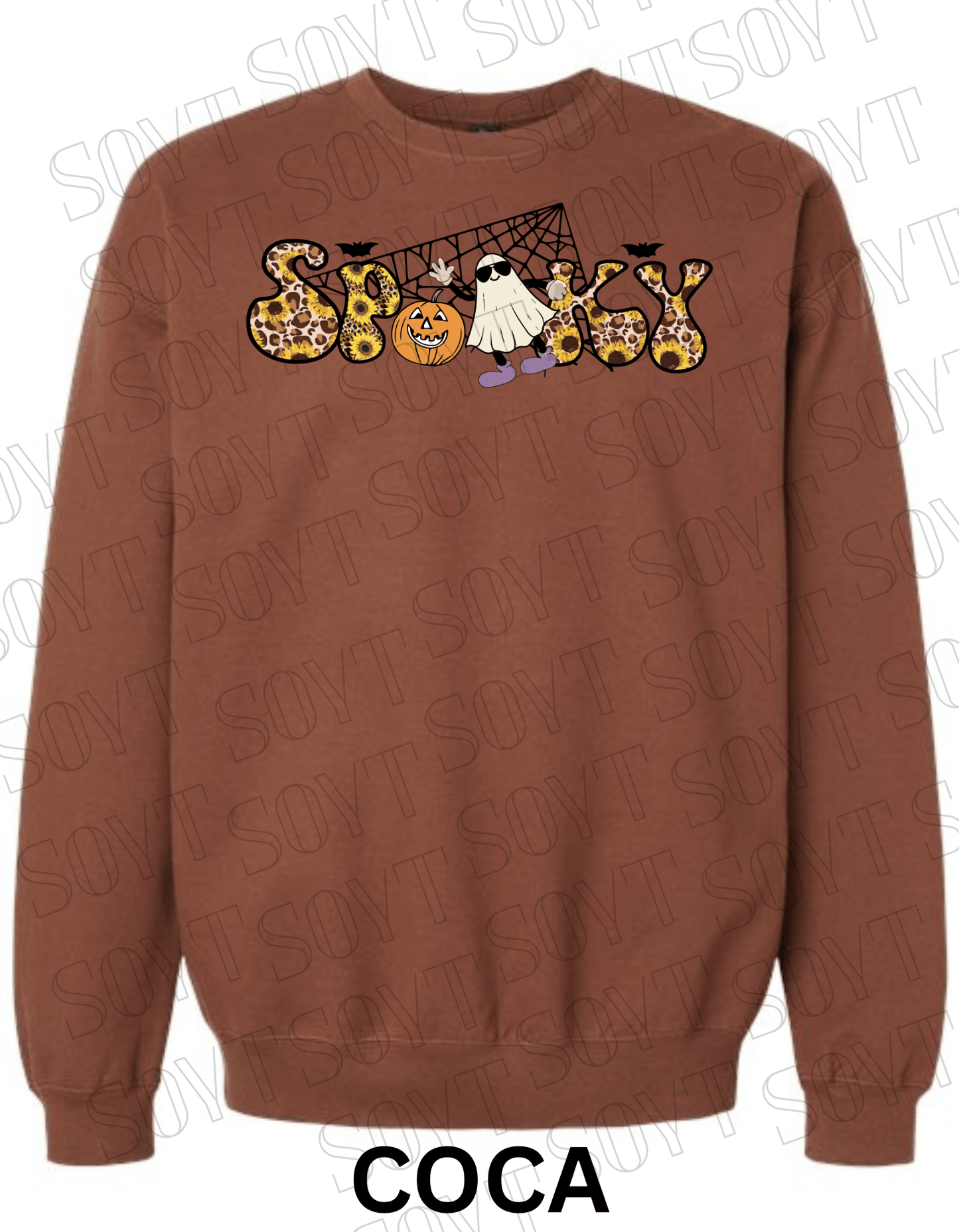 Spooky Halloween Sweatshirt – Leopard, Sunflower & Ghost Print Fall Fleece Pullover - Festive Apparel StoreCocoa Brown