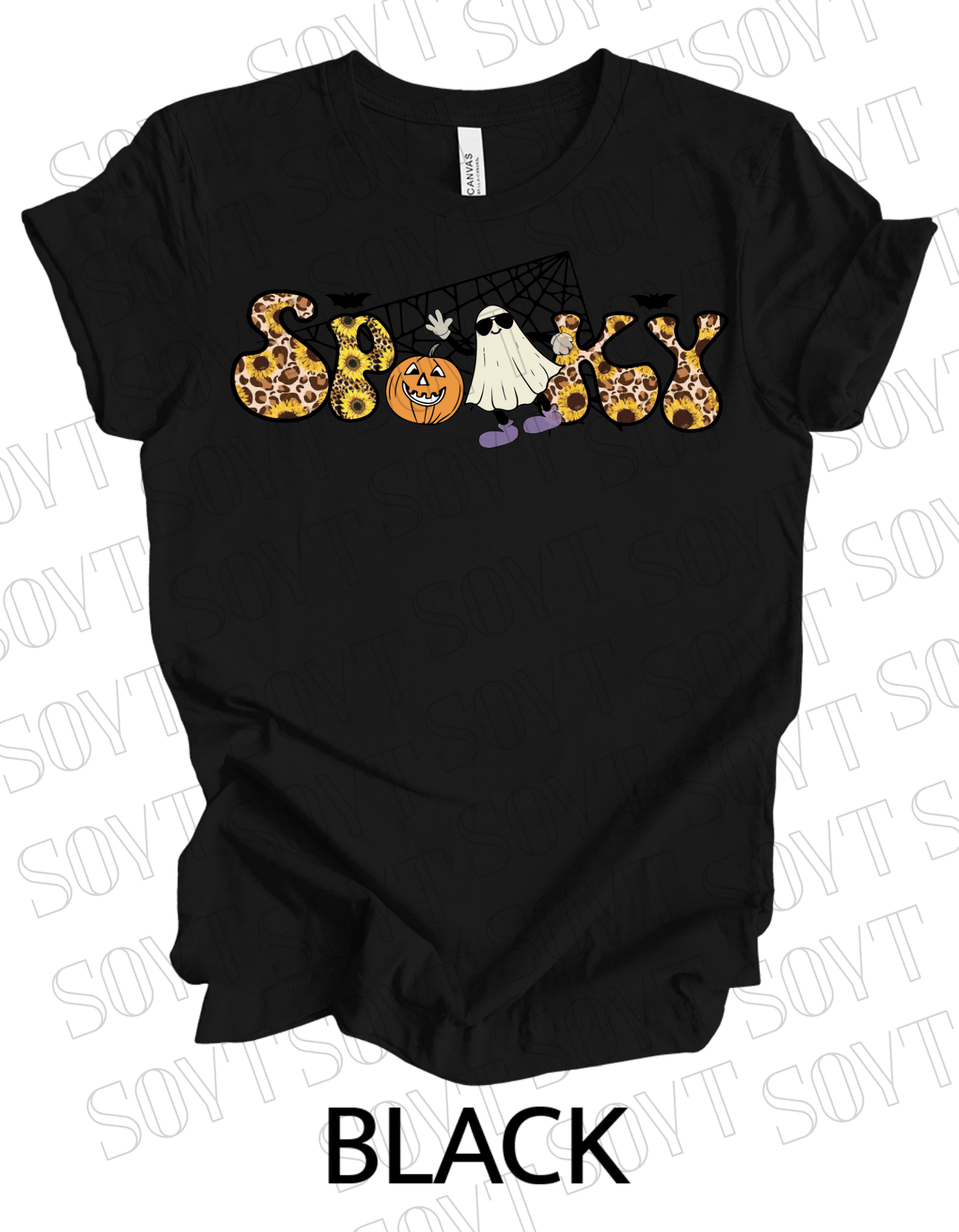 Spooky Halloween T-Shirt – Leopard Print, Sunflowers, Ghost & Pumpkin Fall Graphic Tee - Festive Apparel StoreBlack