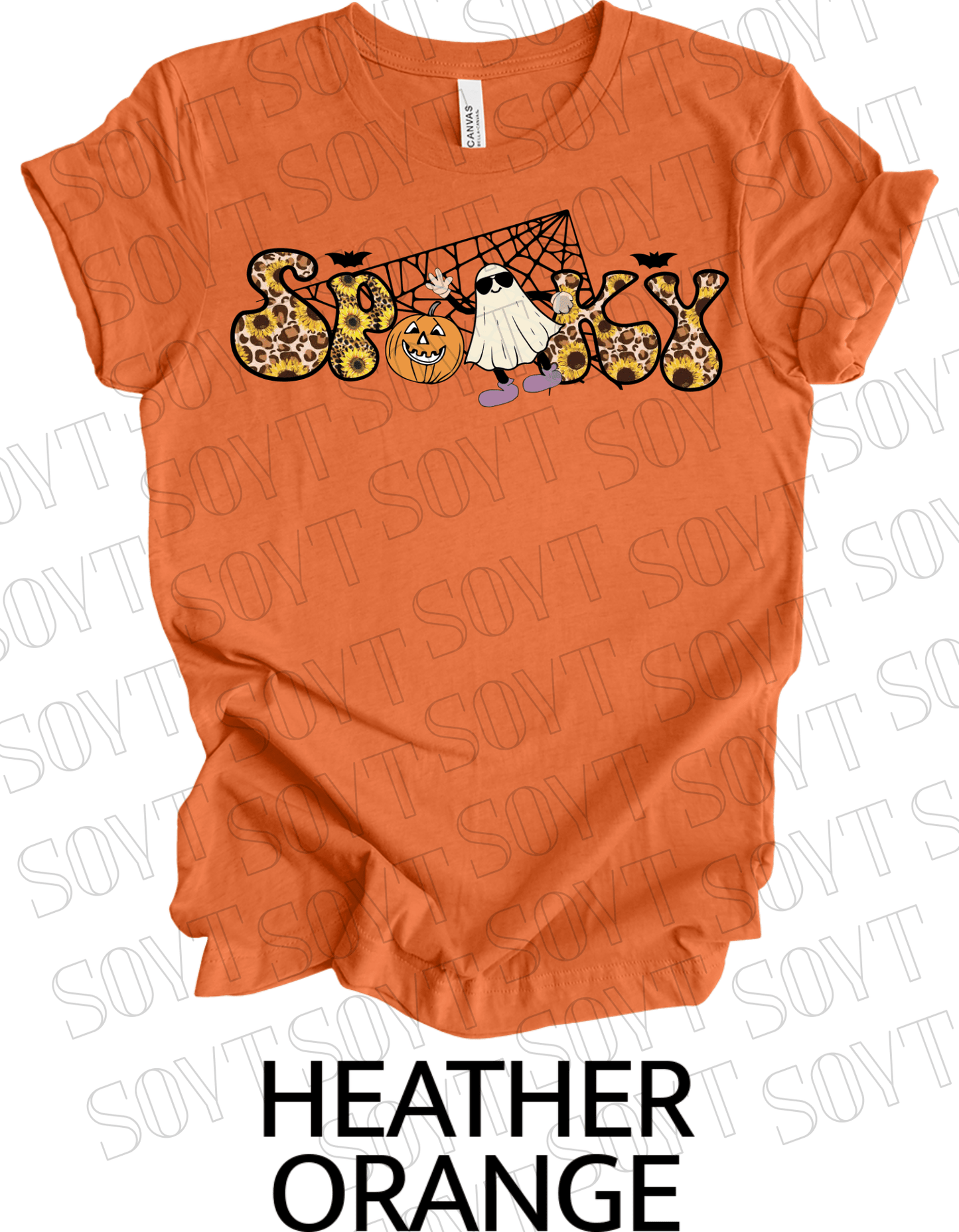 Spooky Halloween T-Shirt – Leopard Print, Sunflowers, Ghost & Pumpkin Fall Graphic Tee - Festive Apparel StoreHeather Orange