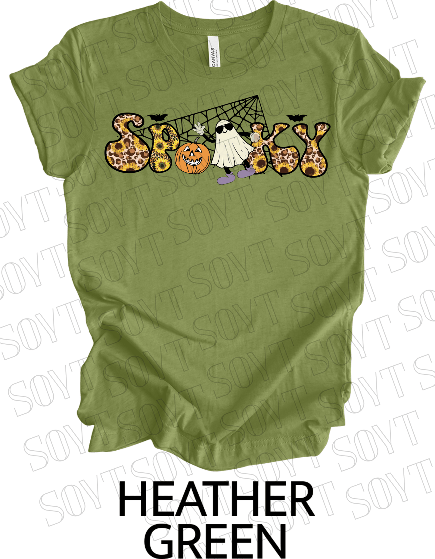 Spooky Halloween T-Shirt – Leopard Print, Sunflowers, Ghost & Pumpkin Fall Graphic Tee - Festive Apparel StoreHeather Green