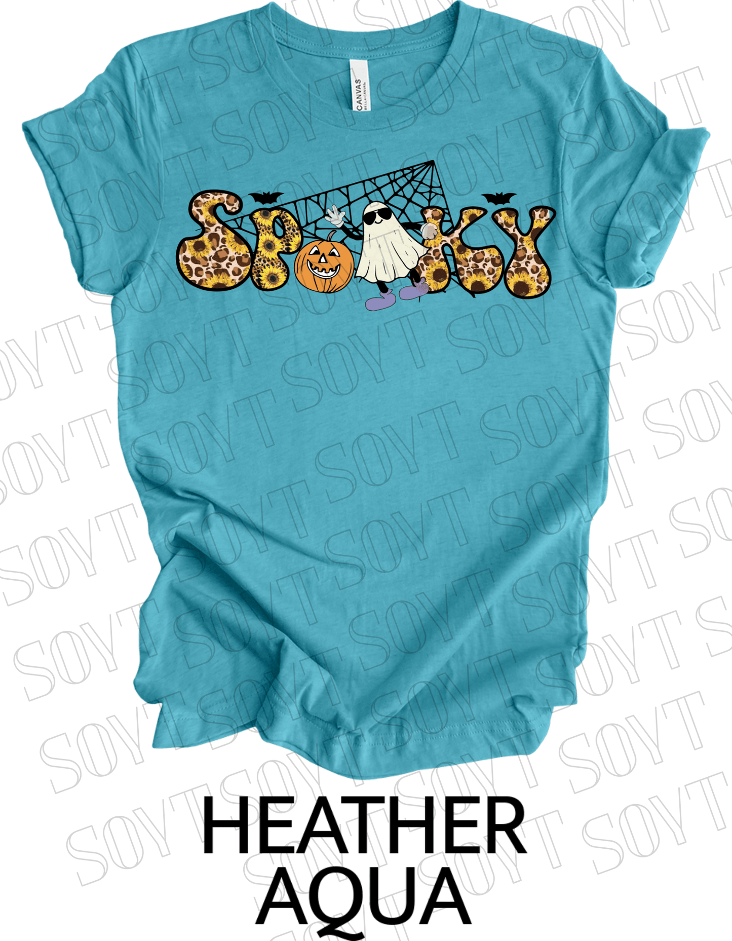 Spooky Halloween T-Shirt – Leopard Print, Sunflowers, Ghost & Pumpkin Fall Graphic Tee - Festive Apparel StoreHeather Aqua