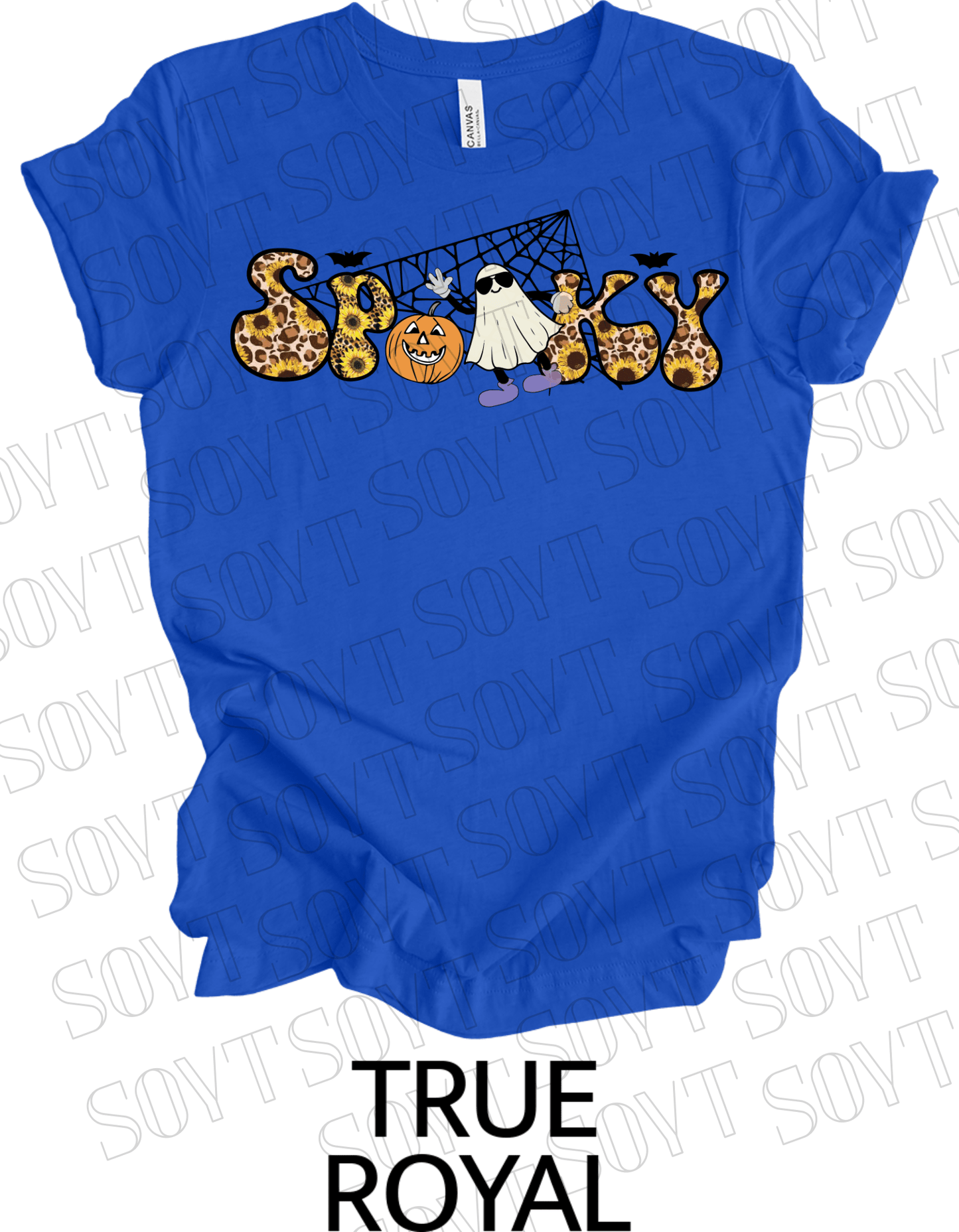 Spooky Halloween T-Shirt – Leopard Print, Sunflowers, Ghost & Pumpkin Fall Graphic Tee - Festive Apparel StoreRoyal Blue