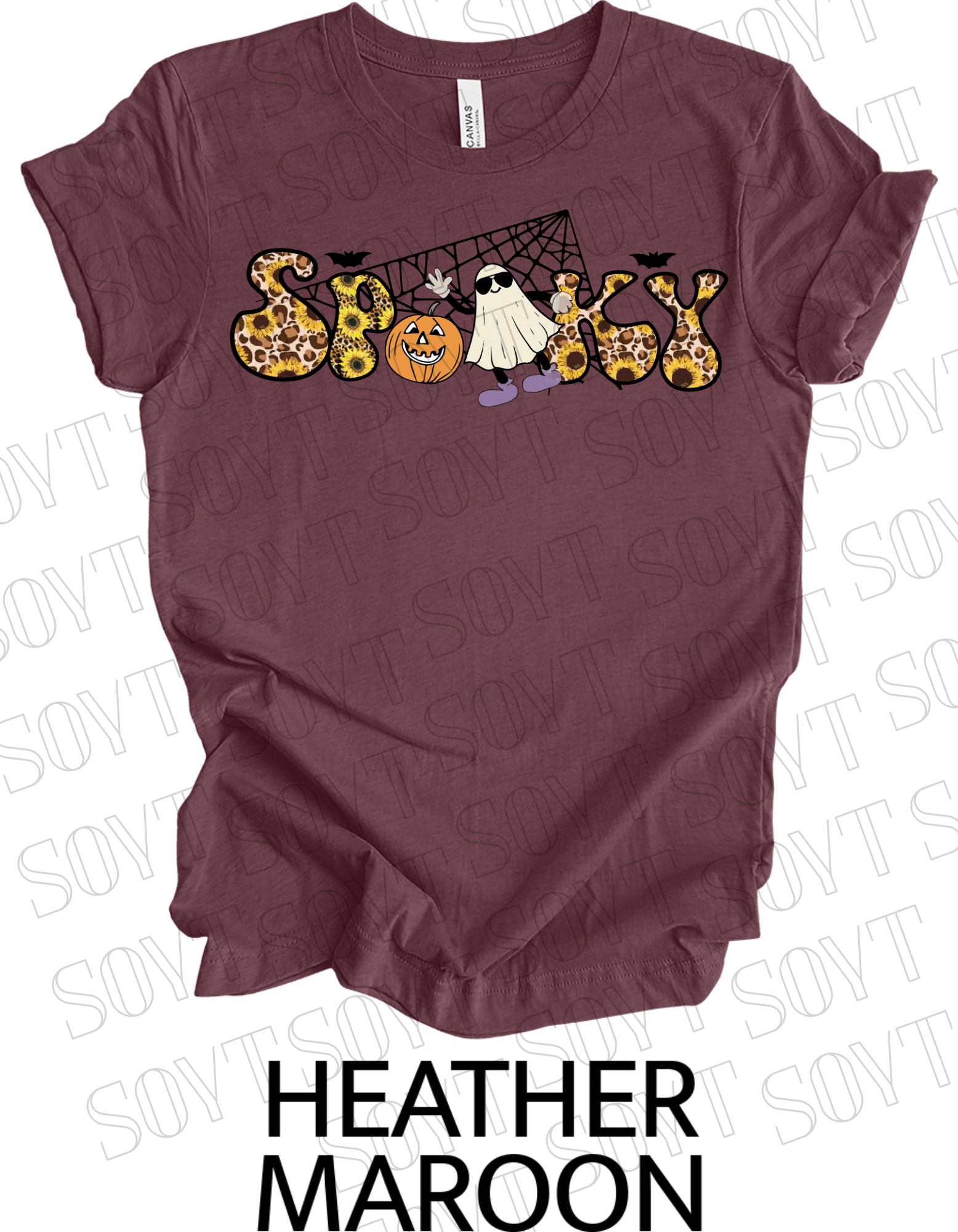 Spooky Halloween T-Shirt – Leopard Print, Sunflowers, Ghost & Pumpkin Fall Graphic Tee - Festive Apparel StoreHeather Maroon