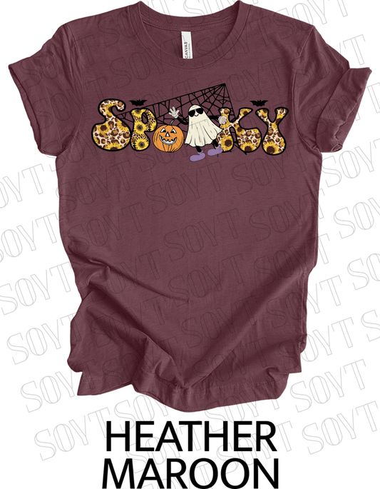 Spooky Halloween T-Shirt – Leopard Print, Sunflowers, Ghost & Pumpkin Fall Graphic Tee - Festive Apparel StoreHeather Maroon