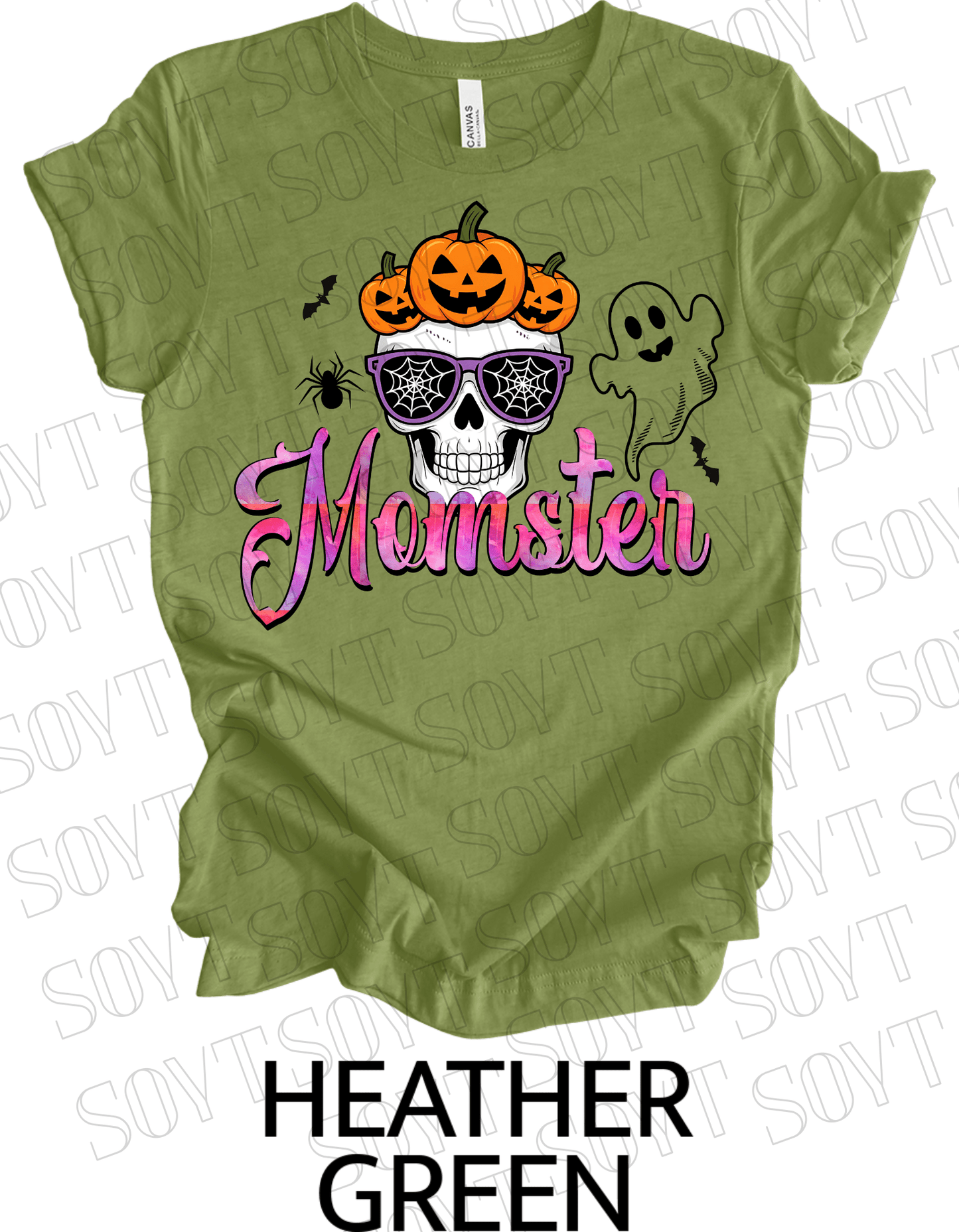 "Spooky Mama" Halloween T-Shirt – Cute Ghost & Pumpkin Graphic Tee for Moms - Festive Apparel StoreHeather Green