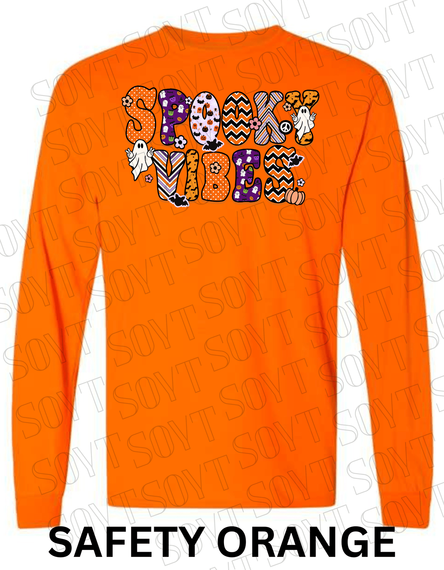 Spooky Vibes Halloween Long Sleeve – Retro Ghosts & Pumpkin Fall Graphic Tee - Festive Apparel StoreSafety Orange