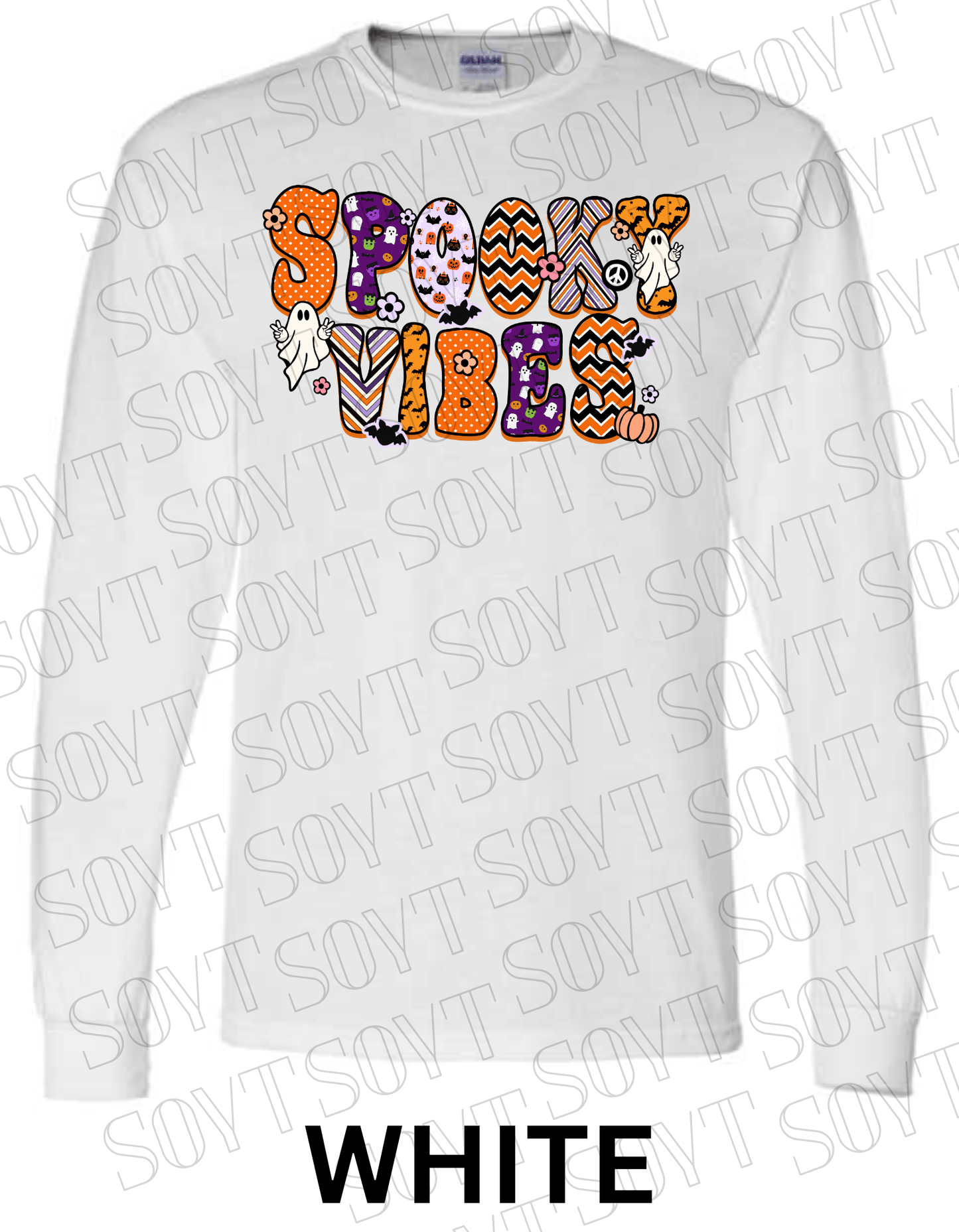 Spooky Vibes Halloween Long Sleeve – Retro Ghosts & Pumpkin Fall Graphic Tee - Festive Apparel StoreWhite