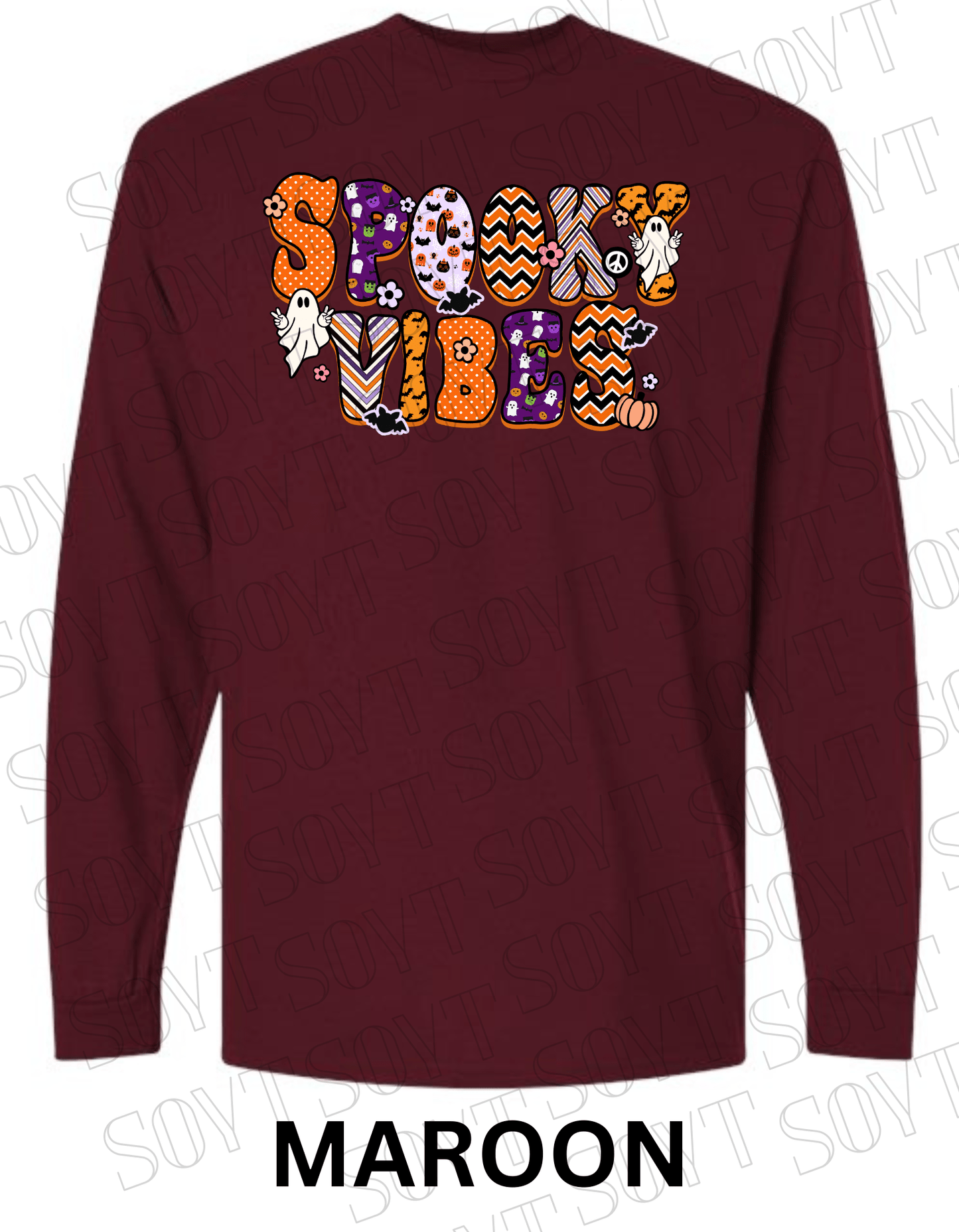 Spooky Vibes Halloween Long Sleeve – Retro Ghosts & Pumpkin Fall Graphic Tee - Festive Apparel StoreMaroon