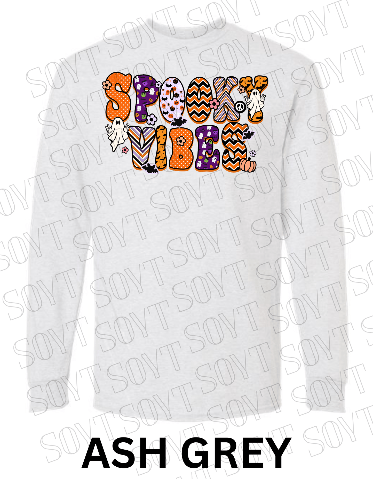 Spooky Vibes Halloween Long Sleeve – Retro Ghosts & Pumpkin Fall Graphic Tee - Festive Apparel StoreAsh Gray