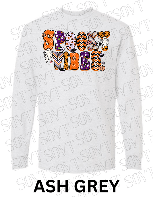 Spooky Vibes Halloween Long Sleeve – Retro Ghosts & Pumpkin Fall Graphic Tee - Festive Apparel StoreAsh Gray