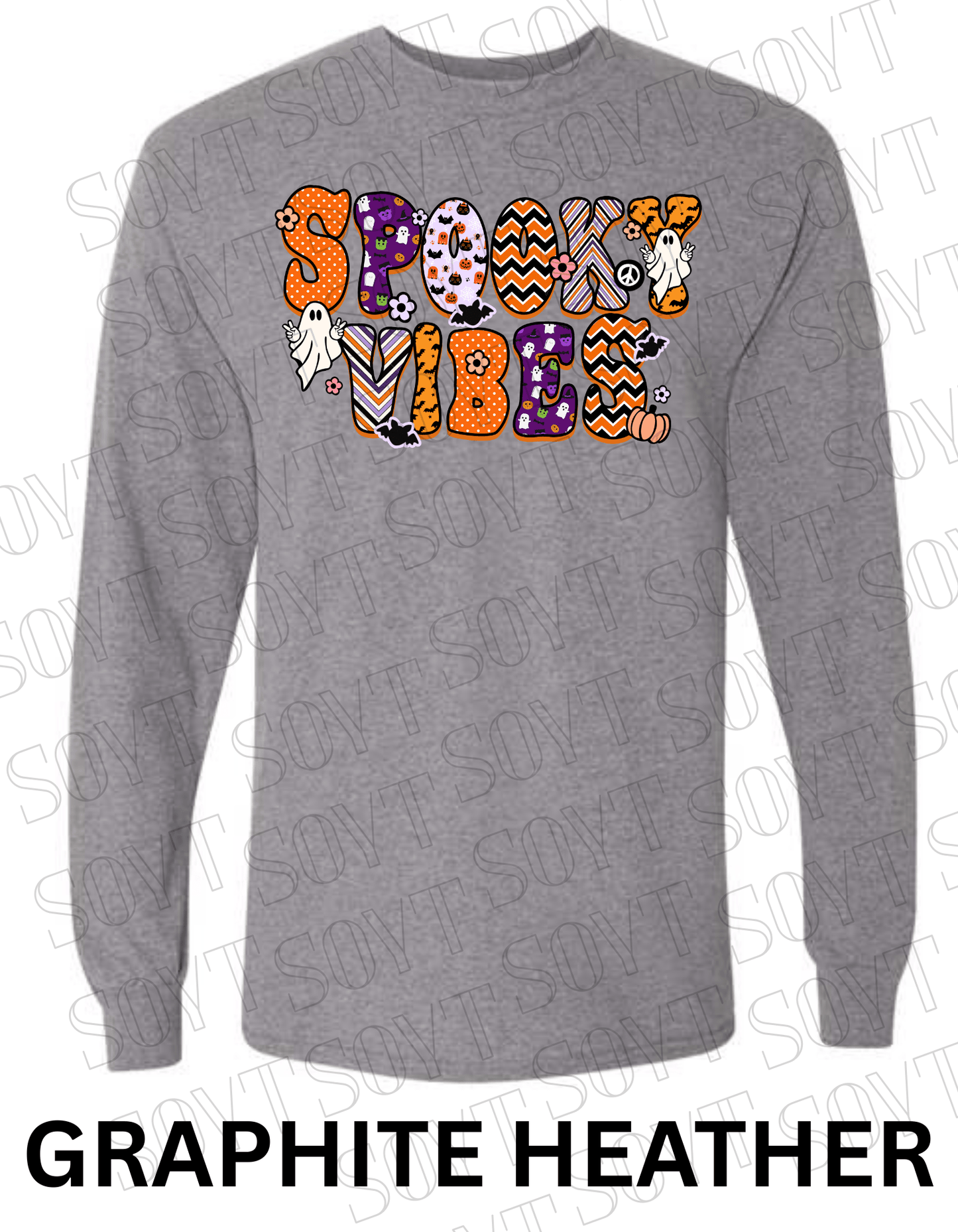 Spooky Vibes Halloween Long Sleeve – Retro Ghosts & Pumpkin Fall Graphic Tee - Festive Apparel StoreGraphite Heather