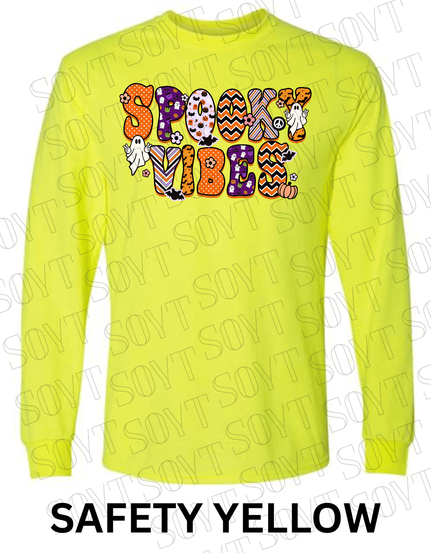 Spooky Vibes Halloween Long Sleeve – Retro Ghosts & Pumpkin Fall Graphic Tee - Festive Apparel StoreSafety Yellow