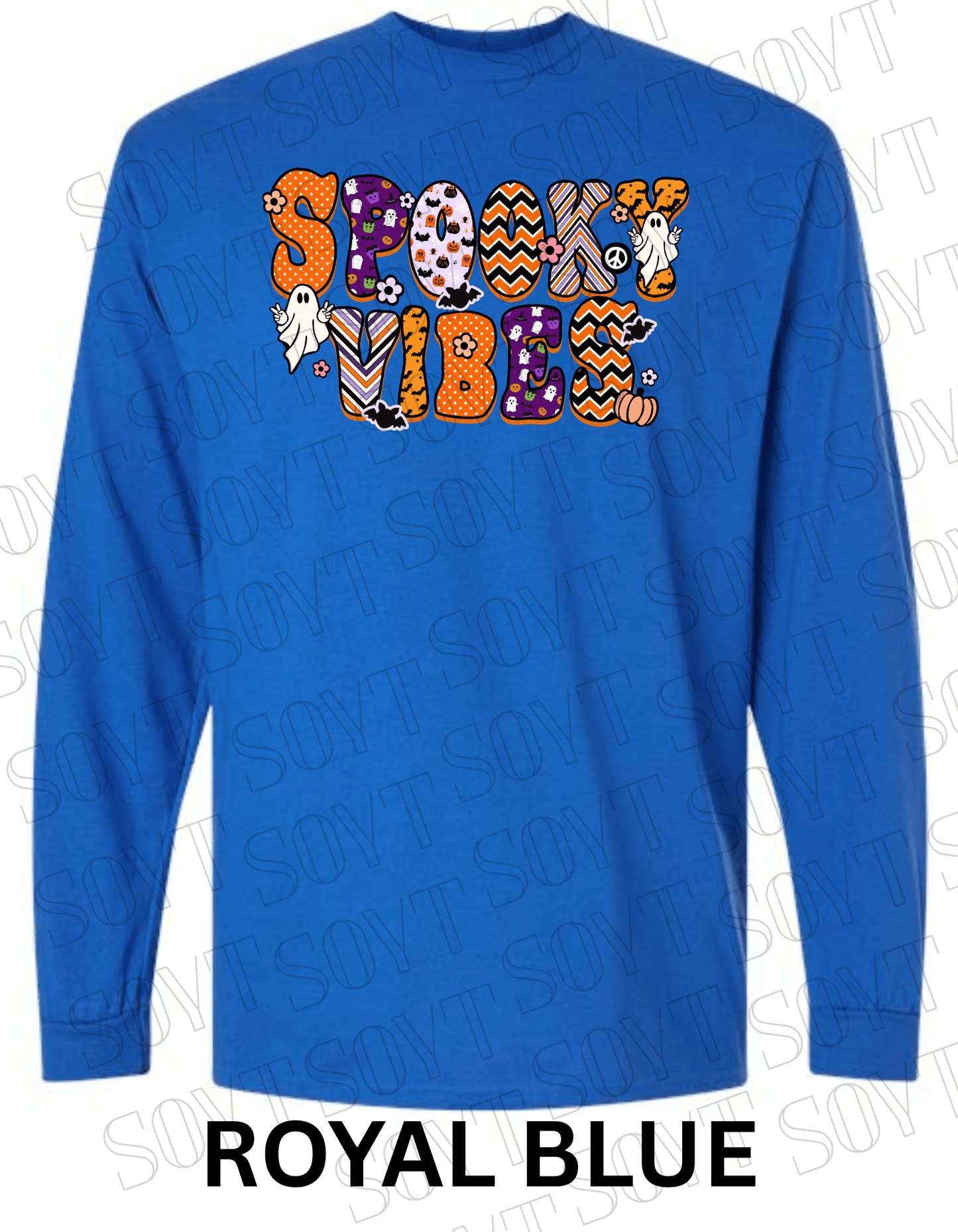Spooky Vibes Halloween Long Sleeve – Retro Ghosts & Pumpkin Fall Graphic Tee - Festive Apparel StoreRoyal Blue