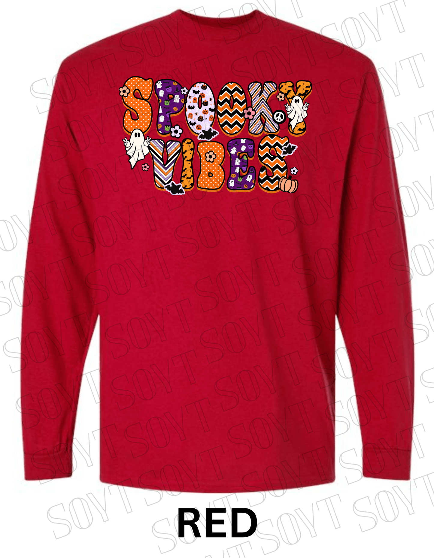 Spooky Vibes Halloween Long Sleeve – Retro Ghosts & Pumpkin Fall Graphic Tee - Festive Apparel StoreRed