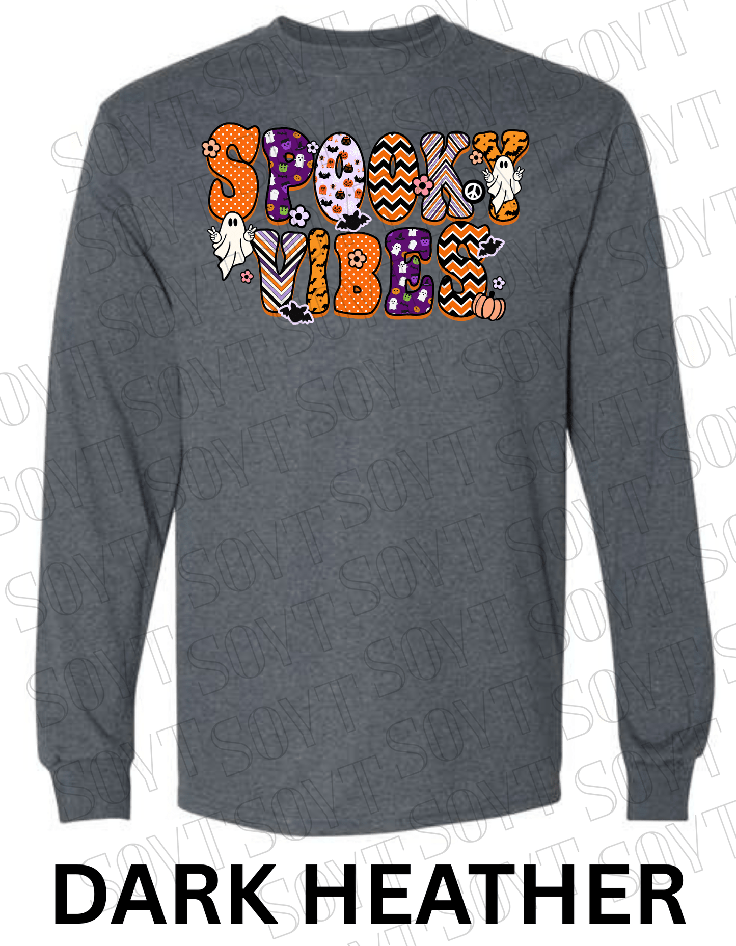 Spooky Vibes Halloween Long Sleeve – Retro Ghosts & Pumpkin Fall Graphic Tee - Festive Apparel StoreDark Heather
