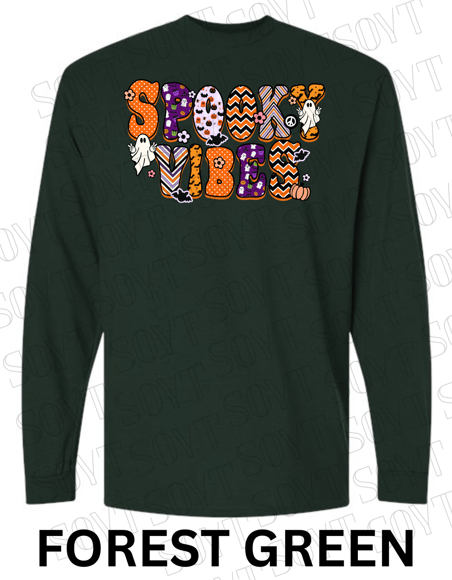 Spooky Vibes Halloween Long Sleeve – Retro Ghosts & Pumpkin Fall Graphic Tee - Festive Apparel StoreForest Green