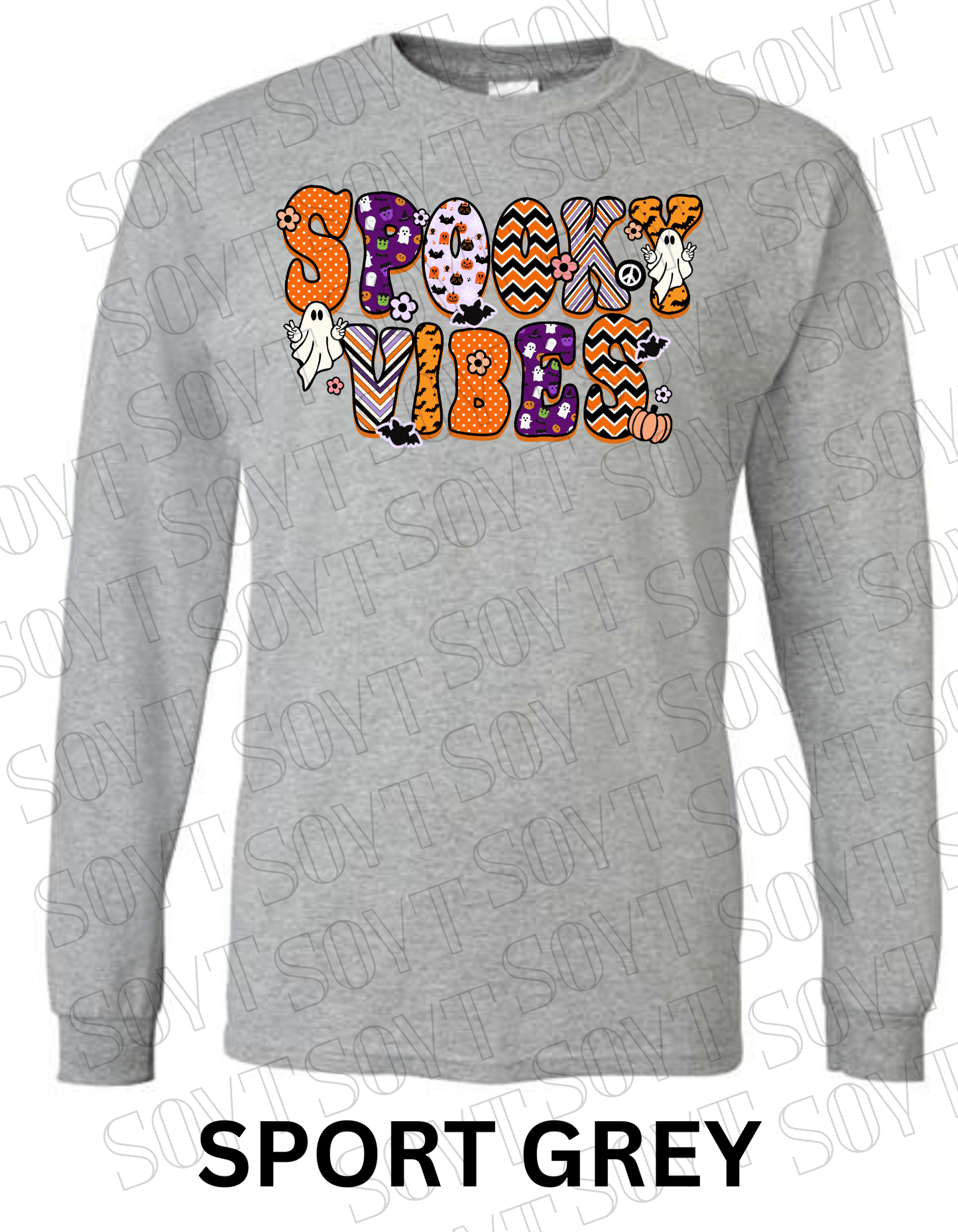 Spooky Vibes Halloween Long Sleeve – Retro Ghosts & Pumpkin Fall Graphic Tee - Festive Apparel StoreSport Grey