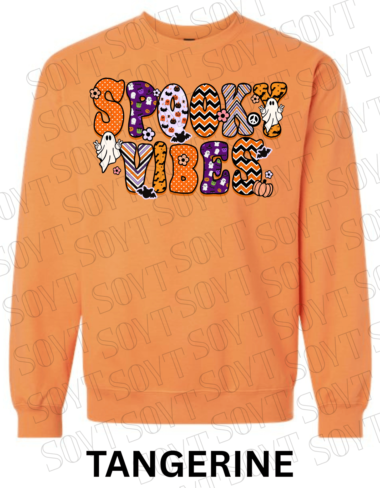 Spooky Vibes Halloween Sweatshirt – Retro Ghosts & Pumpkin Fall Fleece Pullover - Festive Apparel StoreTangerine