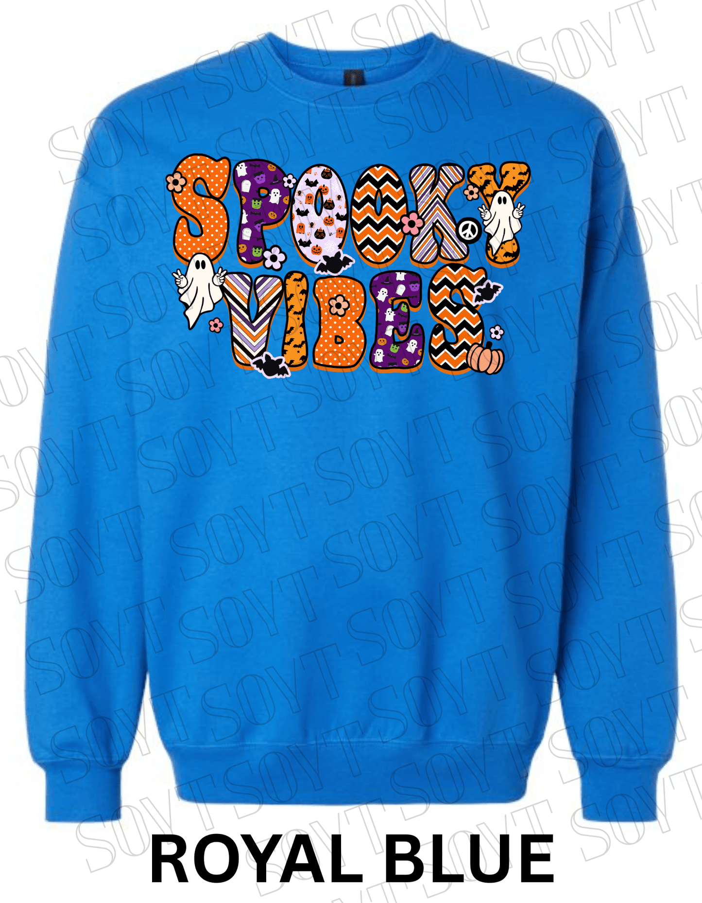 Spooky Vibes Halloween Sweatshirt – Retro Ghosts & Pumpkin Fall Fleece Pullover - Festive Apparel StoreRoyal Blue