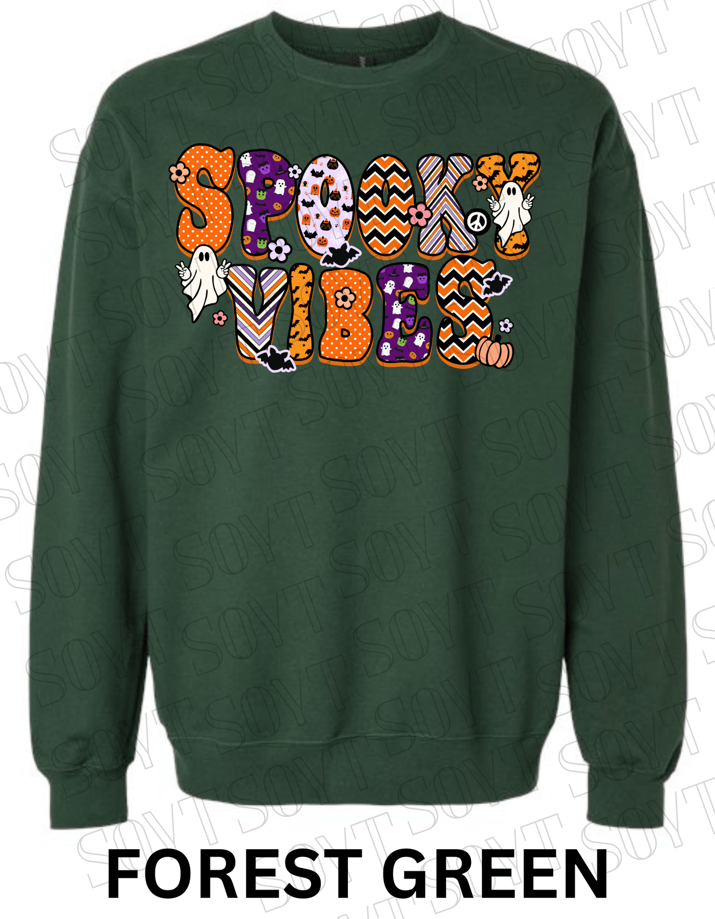 Spooky Vibes Halloween Sweatshirt – Retro Ghosts & Pumpkin Fall Fleece Pullover - Festive Apparel StoreForest Green