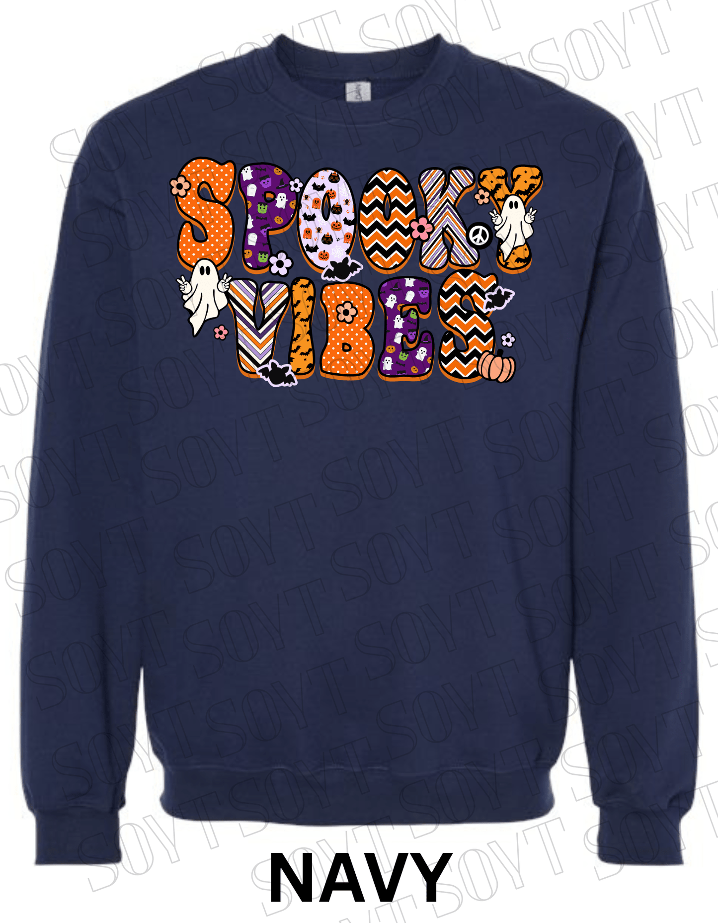 Spooky Vibes Halloween Sweatshirt – Retro Ghosts & Pumpkin Fall Fleece Pullover - Festive Apparel StoreNavy Blue