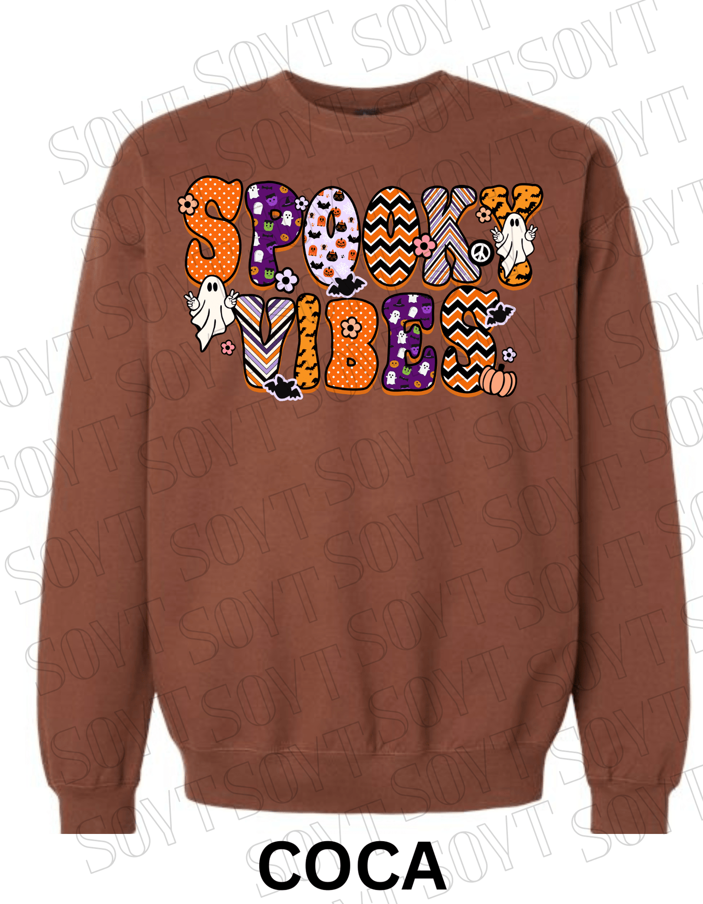 Spooky Vibes Halloween Sweatshirt – Retro Ghosts & Pumpkin Fall Fleece Pullover - Festive Apparel StoreCocoa Brown