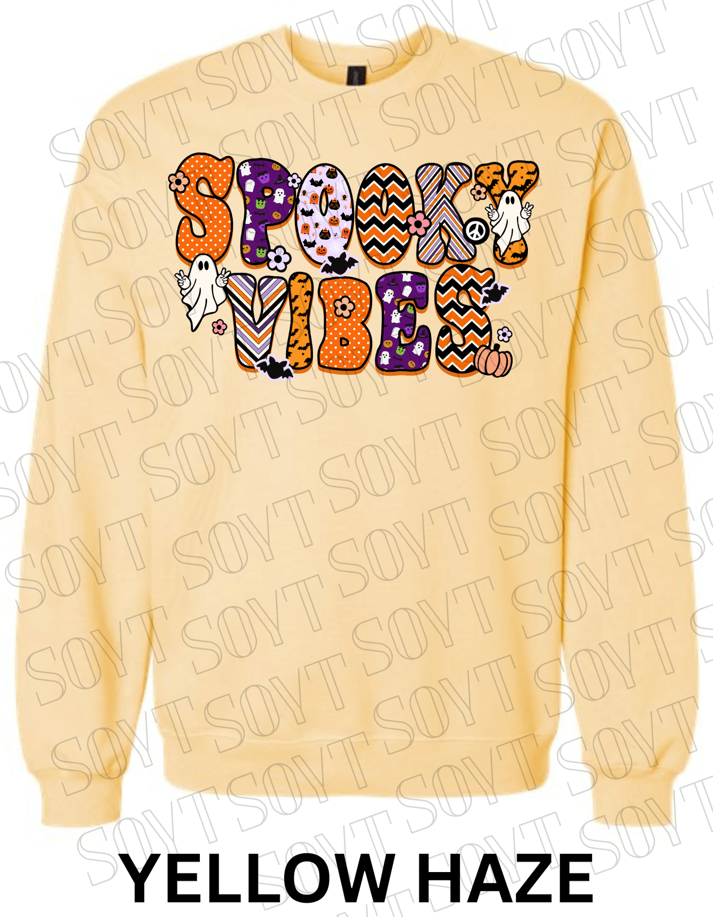 Spooky Vibes Halloween Sweatshirt – Retro Ghosts & Pumpkin Fall Fleece Pullover - Festive Apparel StoreYellow Haze