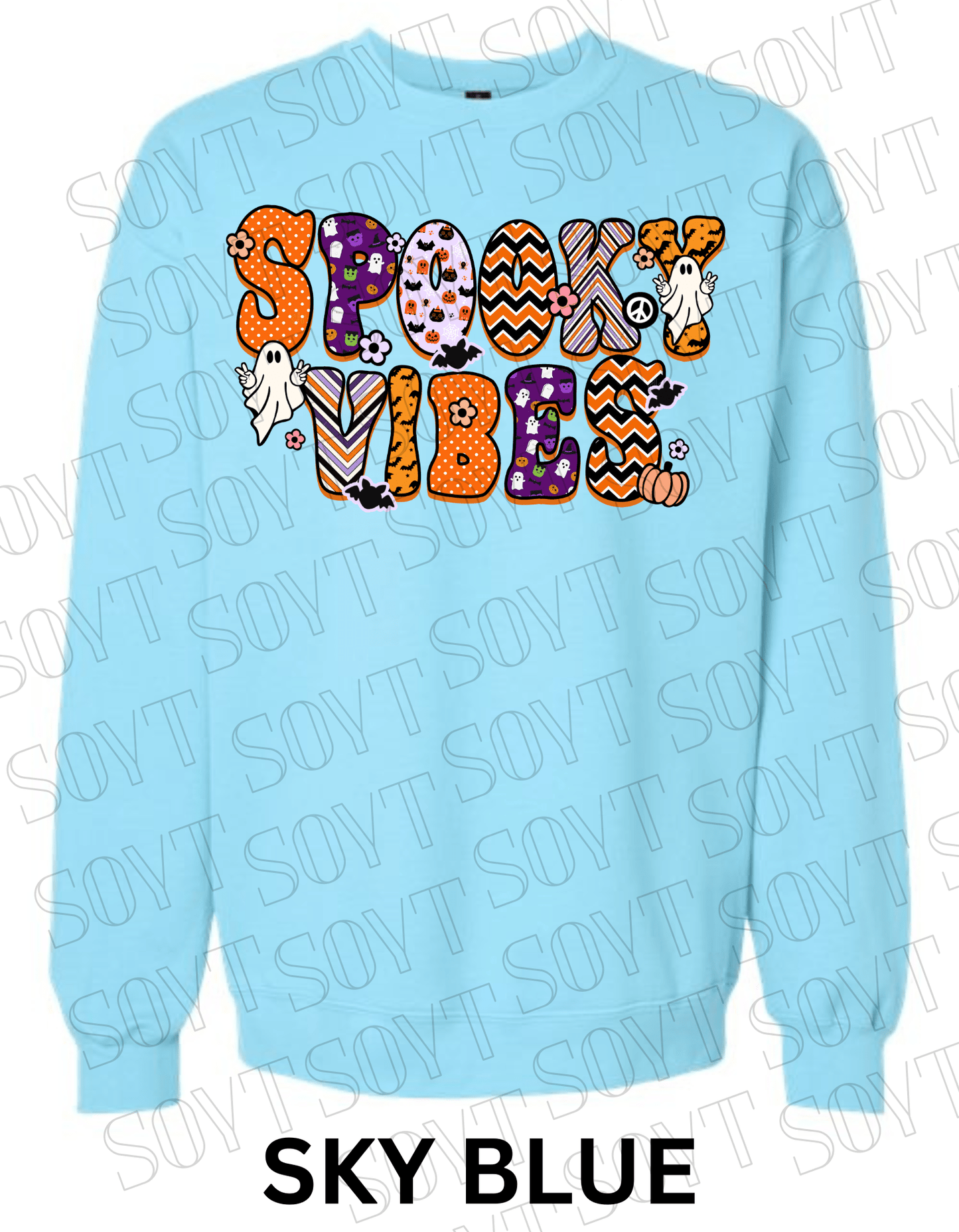 Spooky Vibes Halloween Sweatshirt – Retro Ghosts & Pumpkin Fall Fleece Pullover - Festive Apparel StoreSky Blue