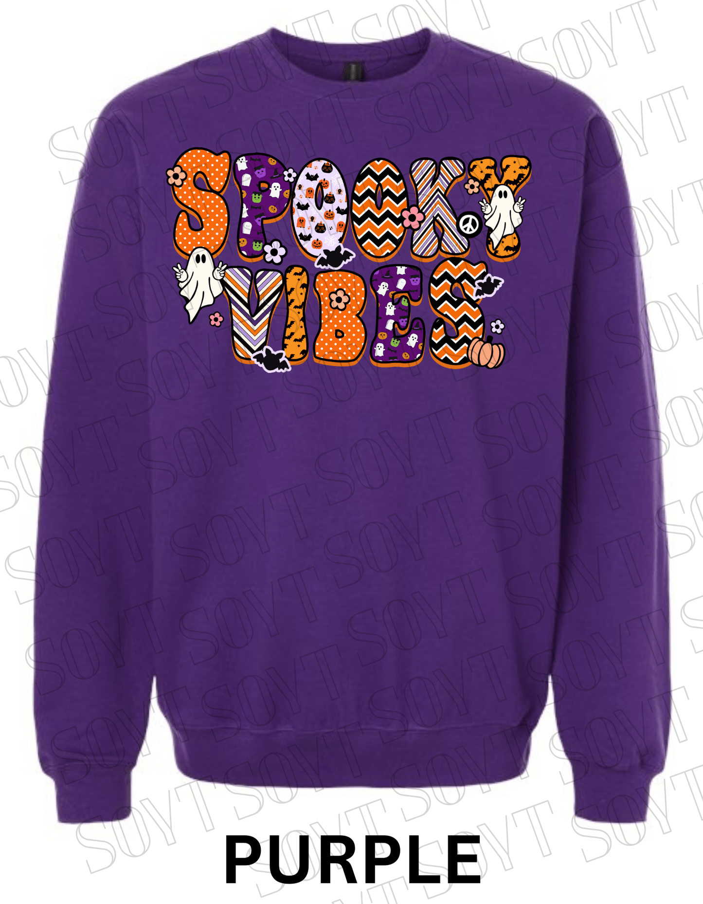 Spooky Vibes Halloween Sweatshirt – Retro Ghosts & Pumpkin Fall Fleece Pullover - Festive Apparel StorePurple