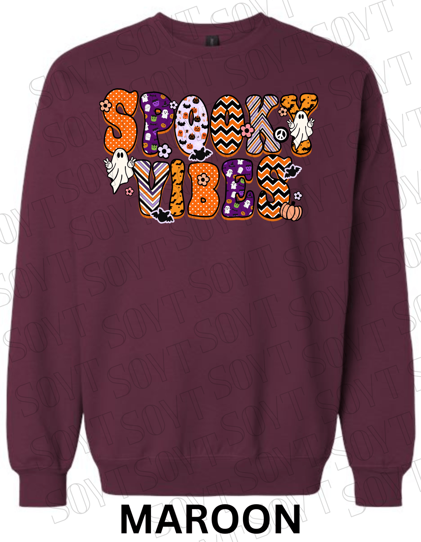 Spooky Vibes Halloween Sweatshirt – Retro Ghosts & Pumpkin Fall Fleece Pullover - Festive Apparel StoreMaroon