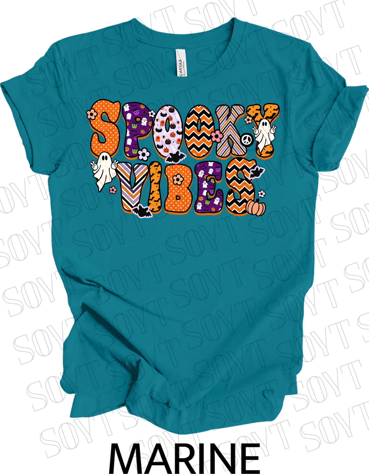 Spooky Vibes Halloween T-Shirt – Retro Ghosts, Bats & Pumpkin Graphic Tee - Festive Apparel StoreMarine