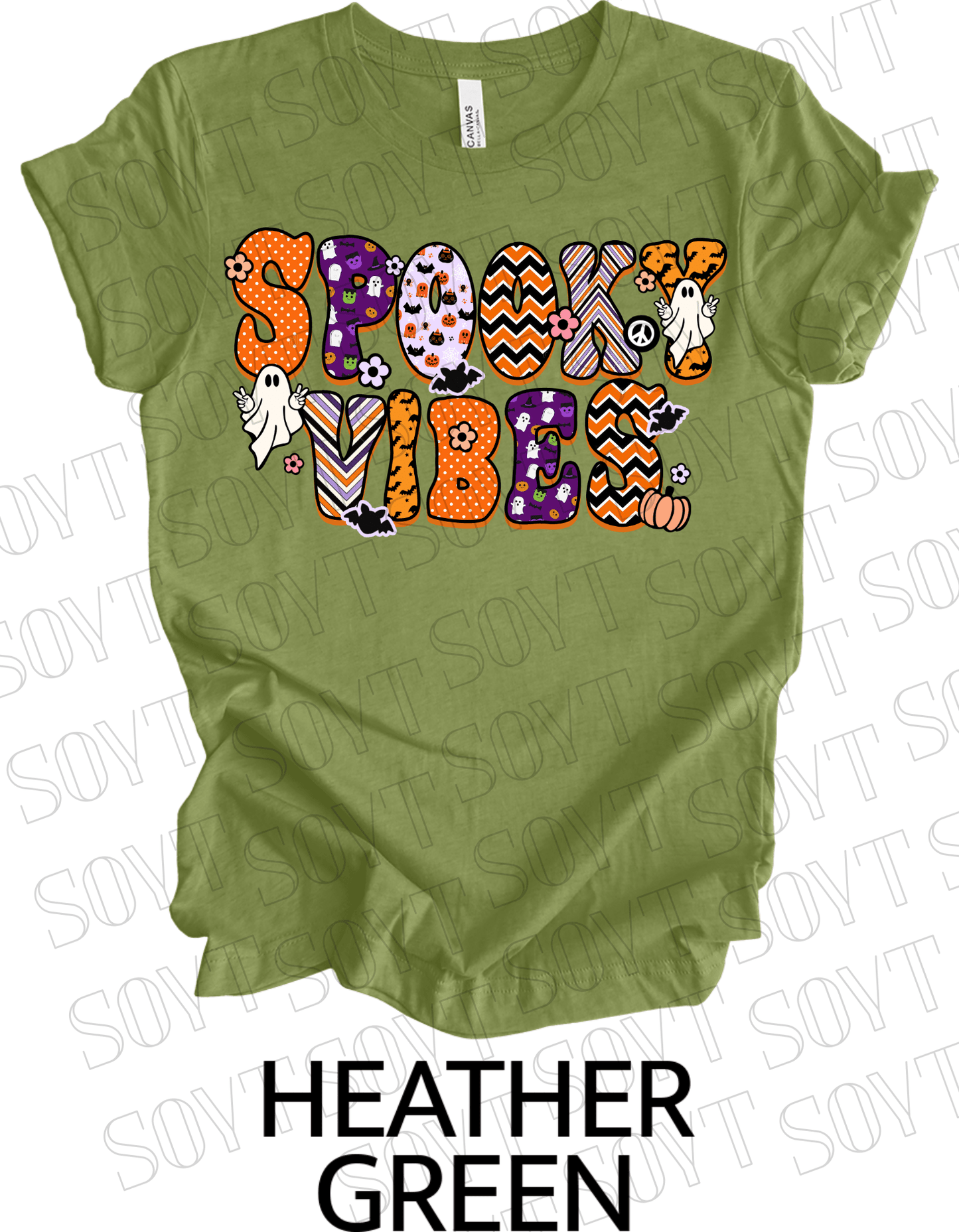 Spooky Vibes Halloween T-Shirt – Retro Ghosts, Bats & Pumpkin Graphic Tee - Festive Apparel StoreHeather Green