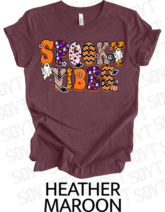 Spooky Vibes Halloween T-Shirt – Retro Ghosts, Bats & Pumpkin Graphic Tee - Festive Apparel StoreHeather Maroon
