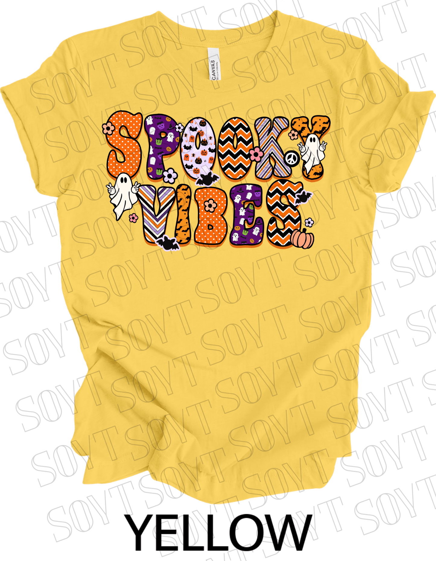 Spooky Vibes Halloween T-Shirt – Retro Ghosts, Bats & Pumpkin Graphic Tee - Festive Apparel StoreYellow