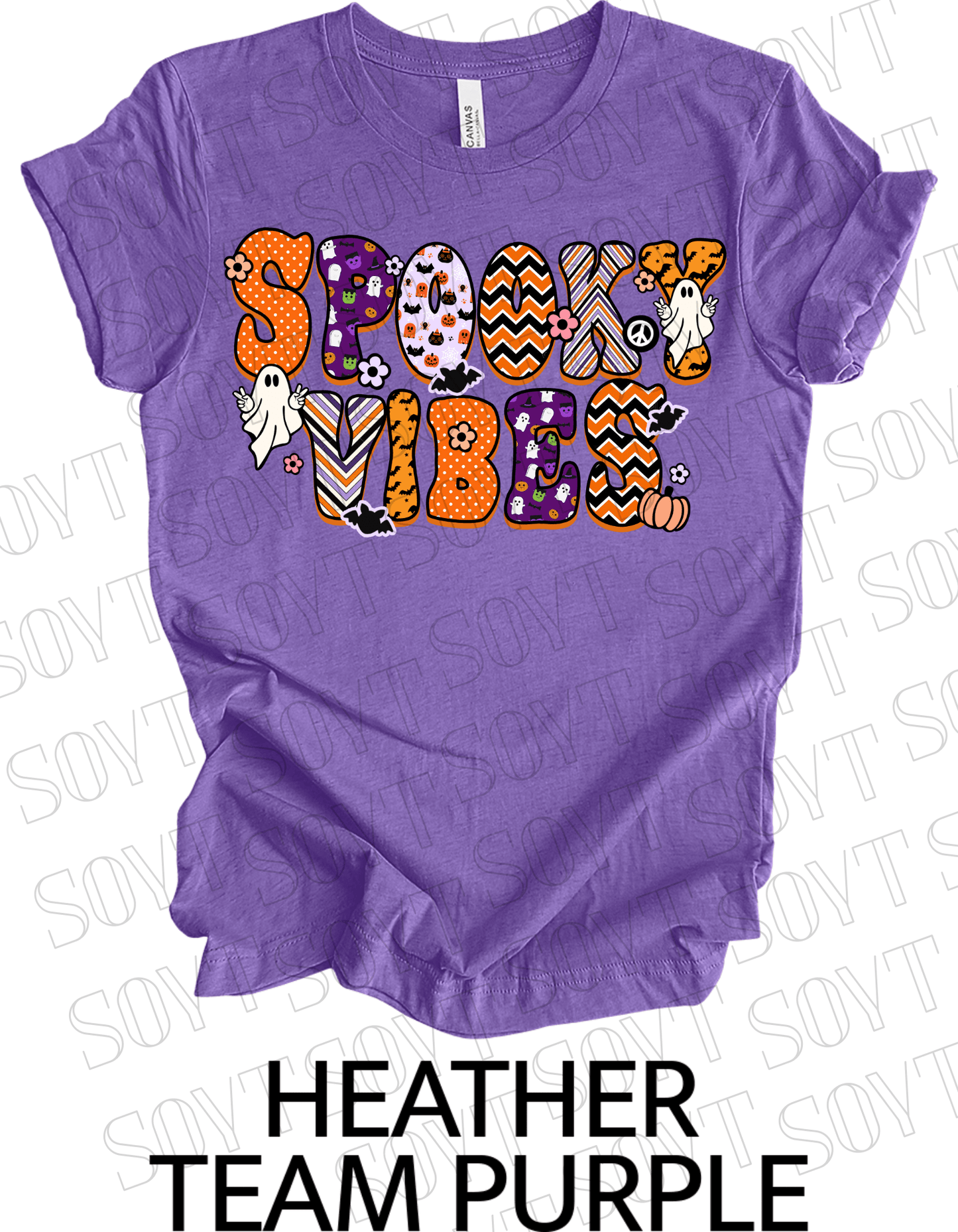 Spooky Vibes Halloween T-Shirt – Retro Ghosts, Bats & Pumpkin Graphic Tee - Festive Apparel StoreHeather Purple