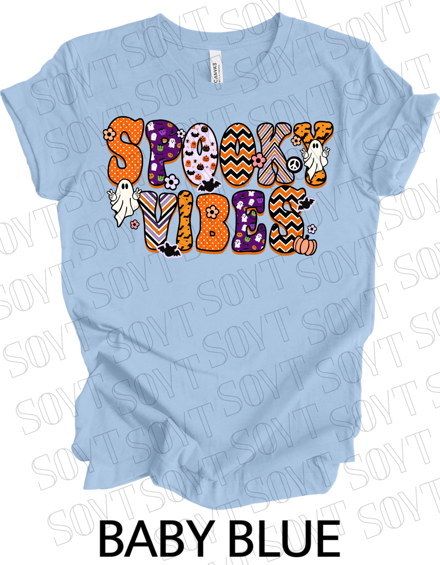Spooky Vibes Halloween T-Shirt – Retro Ghosts, Bats & Pumpkin Graphic Tee - Festive Apparel StoreBaby Blue