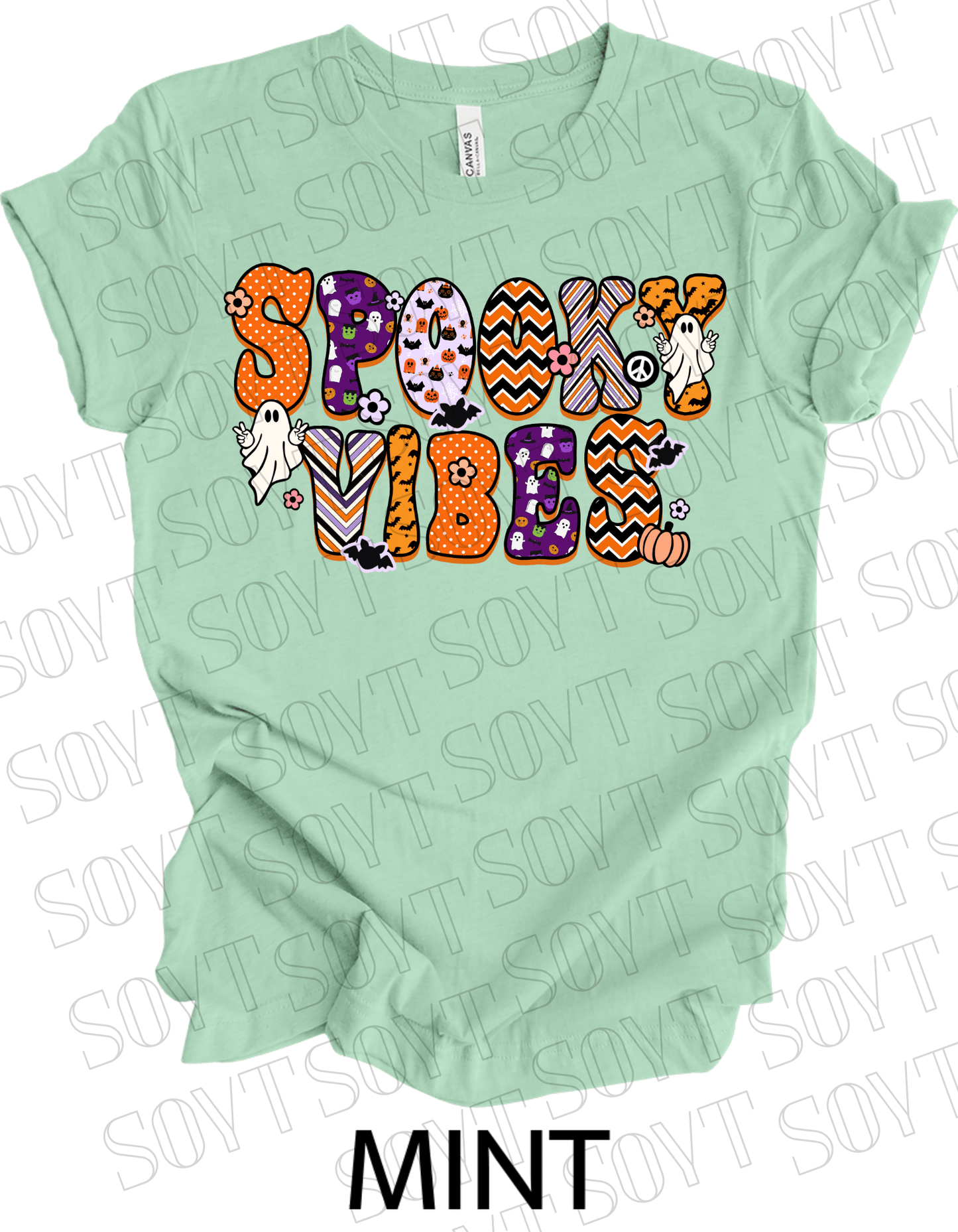 Spooky Vibes Halloween T-Shirt – Retro Ghosts, Bats & Pumpkin Graphic Tee - Festive Apparel StoreMint