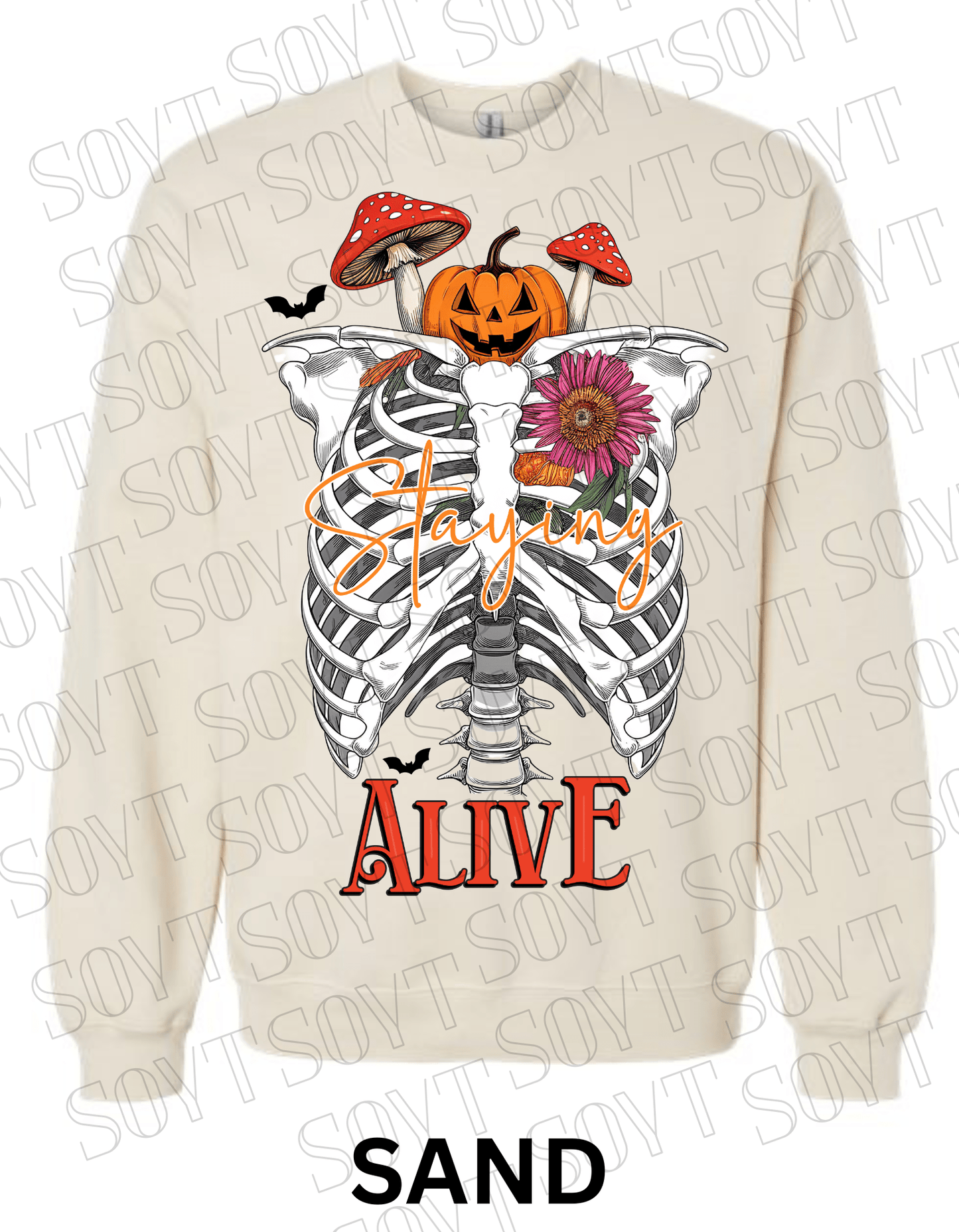 "Staying Alive" Halloween Sweatshirt – Skeleton Rib Cage with Pumpkin, Floral & Mushroom Graphic - Festive Apparel StoreSand