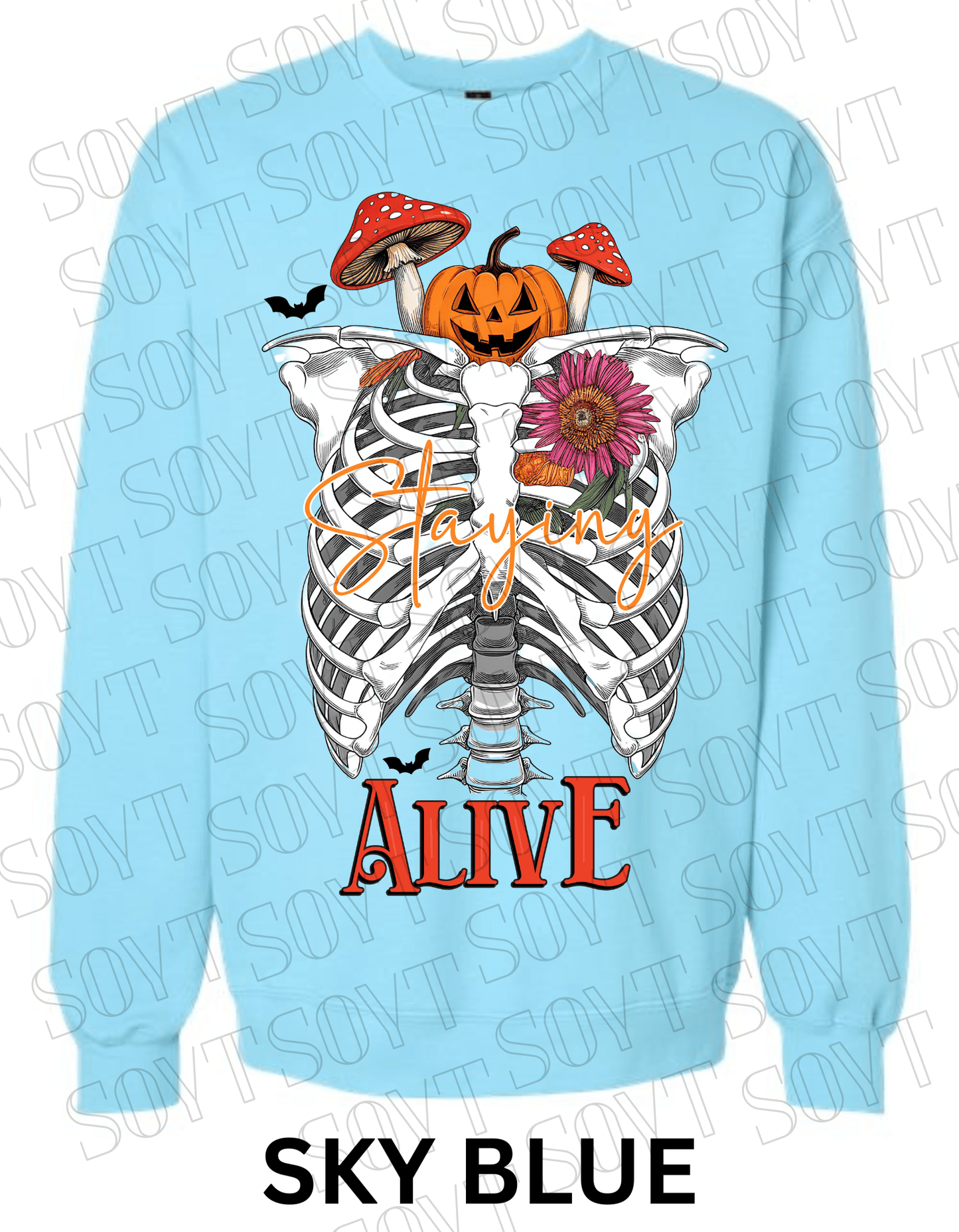 "Staying Alive" Halloween Sweatshirt – Skeleton Rib Cage with Pumpkin, Floral & Mushroom Graphic - Festive Apparel StoreSky Blue