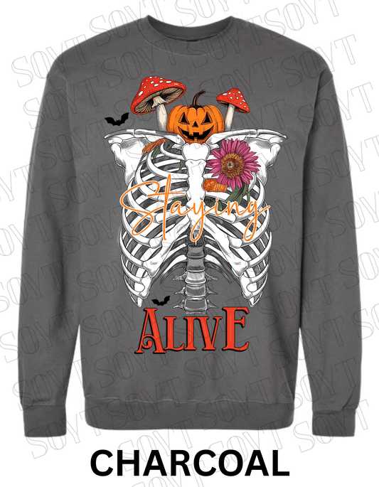"Staying Alive" Halloween Sweatshirt – Skeleton Rib Cage with Pumpkin, Floral & Mushroom Graphic - Festive Apparel StoreCharcoal